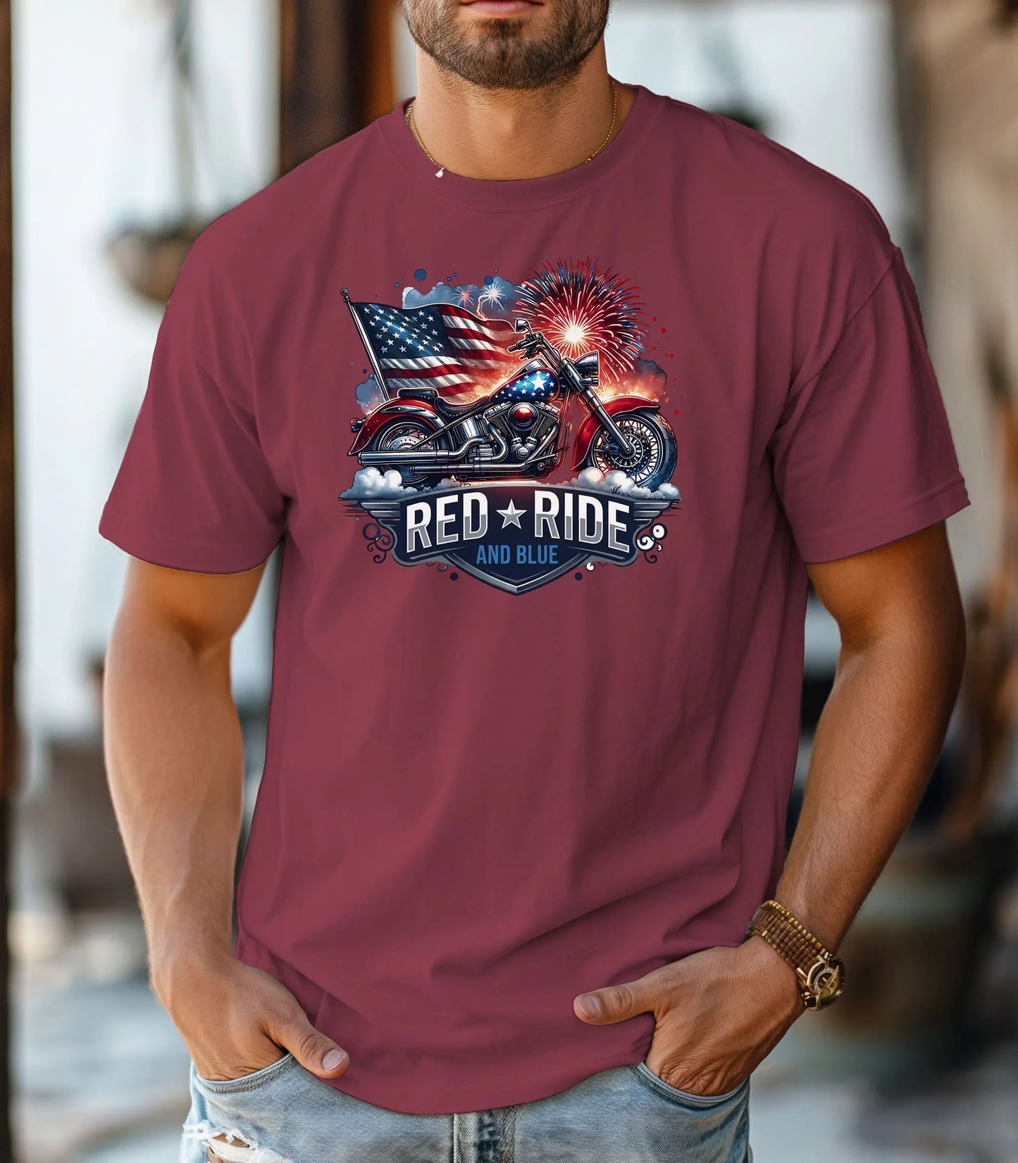 Red Ride and Blue Motorcycle T-Shirt, Patriotic Biker Tee Wildwood Mountain Coffee Co