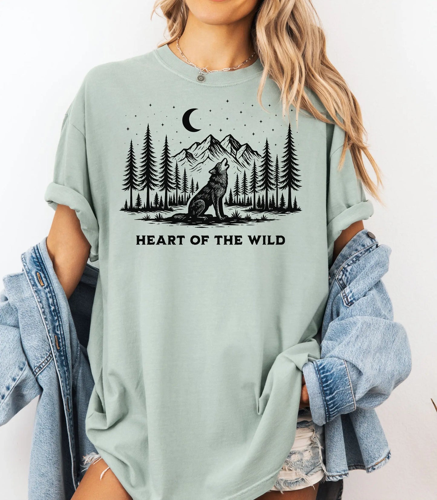Heart of the Wild Wilderness Wolf T-Shirt, Night Forest Graphic Tee Wildwood Mountain Coffee Co