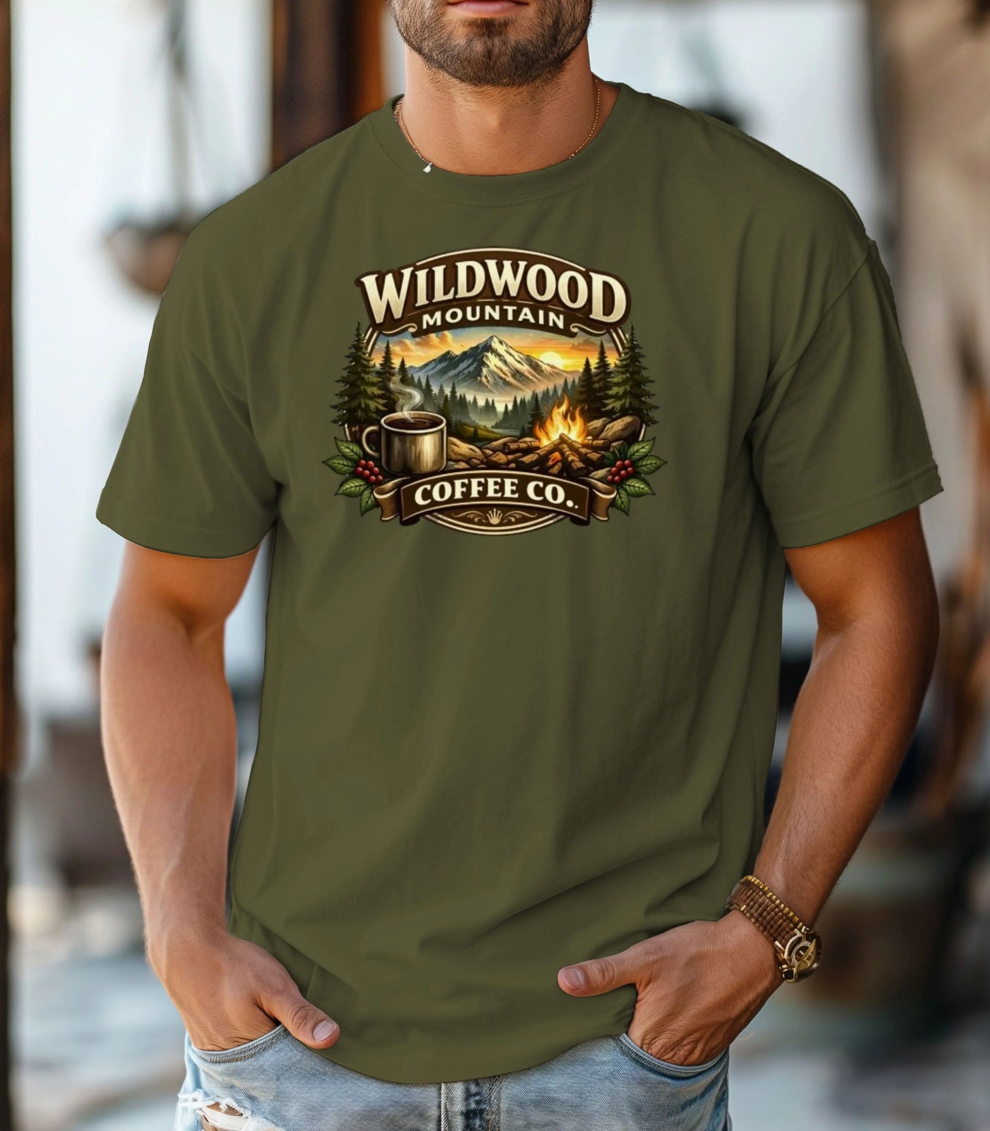 Adventure Camping Tee, Campfire & Mountain Sunrise T-Shirt, Wildwood Mountain Coffee Co T-Shirt, Vintage Campfire Coffee Shirt Wildwood Mountain Coffee Co