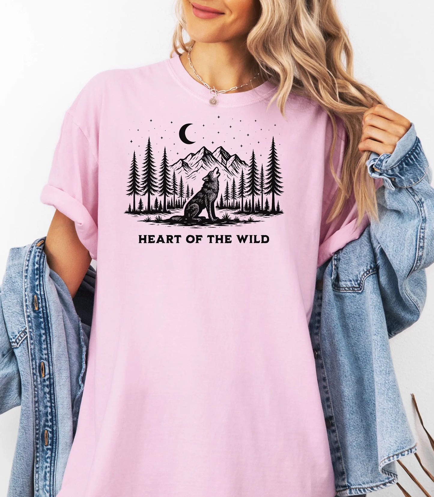 Heart of the Wild Wilderness Wolf T-Shirt, Night Forest Graphic Tee Wildwood Mountain Coffee Co