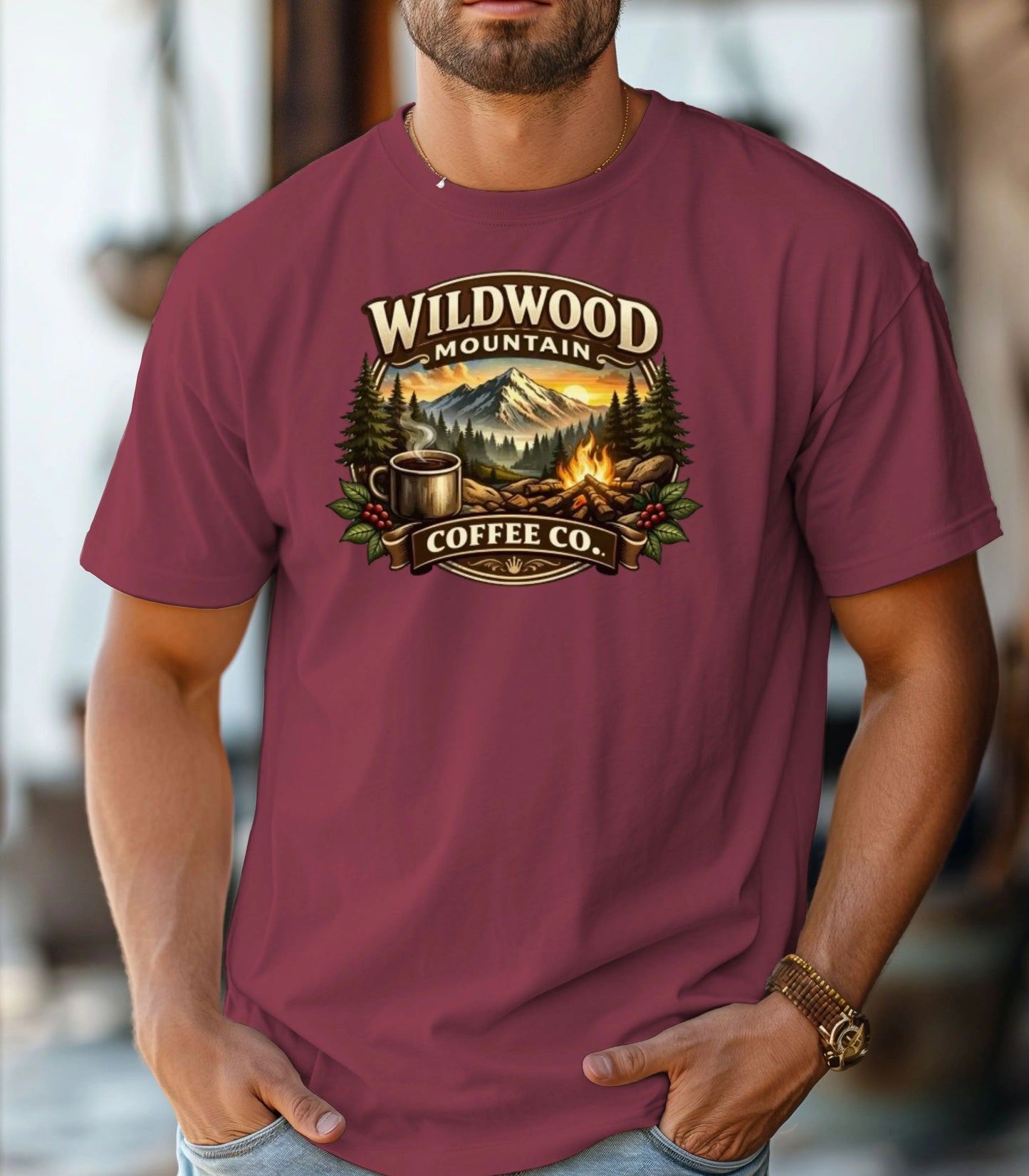 Adventure Camping Tee, Campfire & Mountain Sunrise T-Shirt, Wildwood Mountain Coffee Co T-Shirt, Vintage Campfire Coffee Shirt Wildwood Mountain Coffee Co