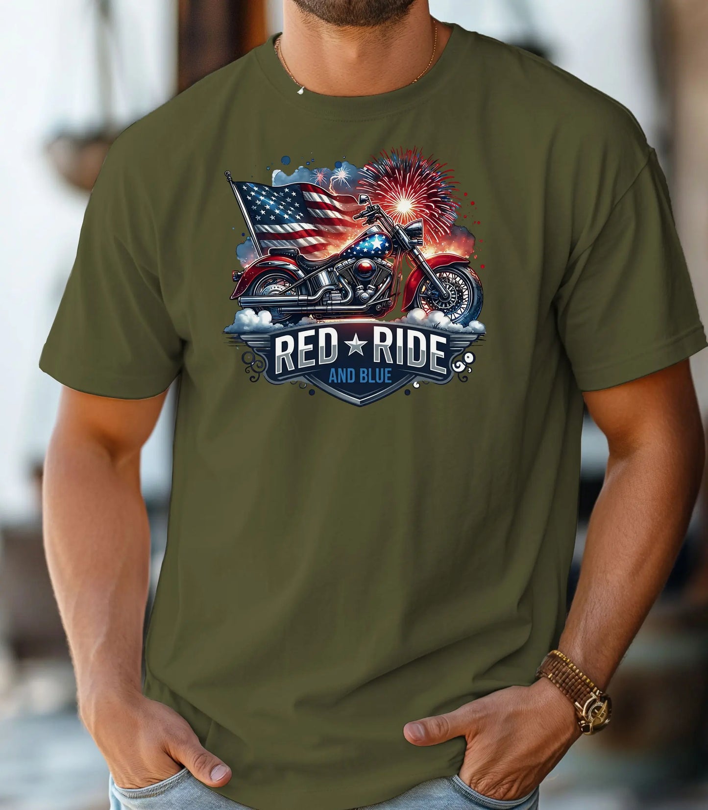 Red Ride and Blue Motorcycle T-Shirt, Patriotic Biker Tee Wildwood Mountain Coffee Co