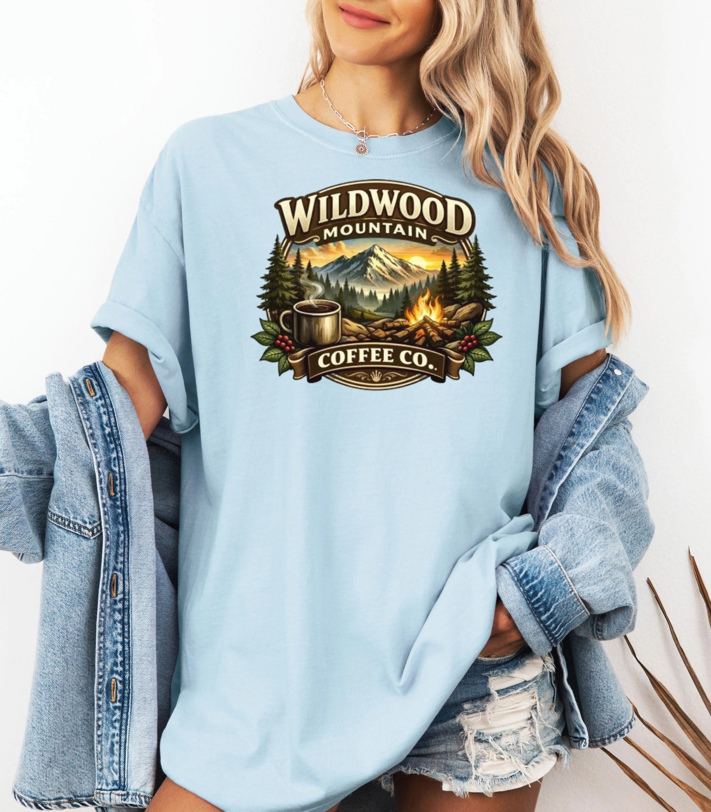 Adventure Camping Tee, Campfire & Mountain Sunrise T-Shirt, Wildwood Mountain Coffee Co T-Shirt, Vintage Campfire Coffee Shirt Wildwood Mountain Coffee Co