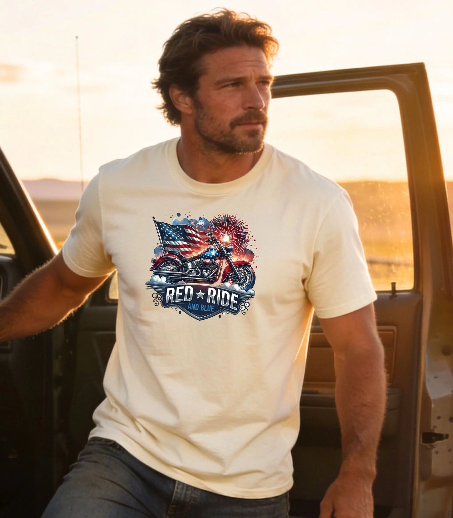 Red Ride and Blue Motorcycle T-Shirt, Patriotic Biker Tee Wildwood Mountain Coffee Co