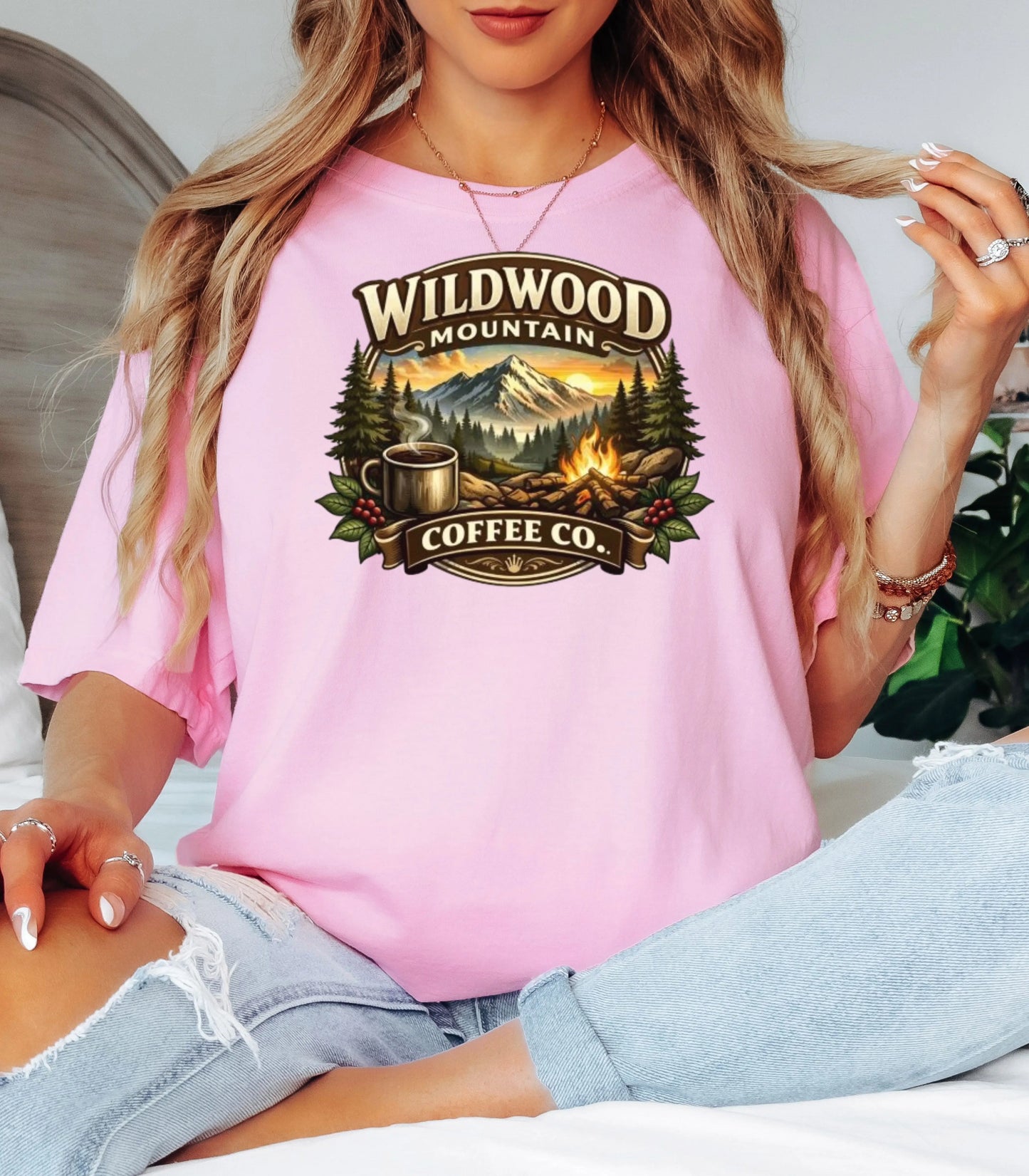 Adventure Camping Tee, Campfire & Mountain Sunrise T-Shirt, Wildwood Mountain Coffee Co T-Shirt, Vintage Campfire Coffee Shirt Wildwood Mountain Coffee Co
