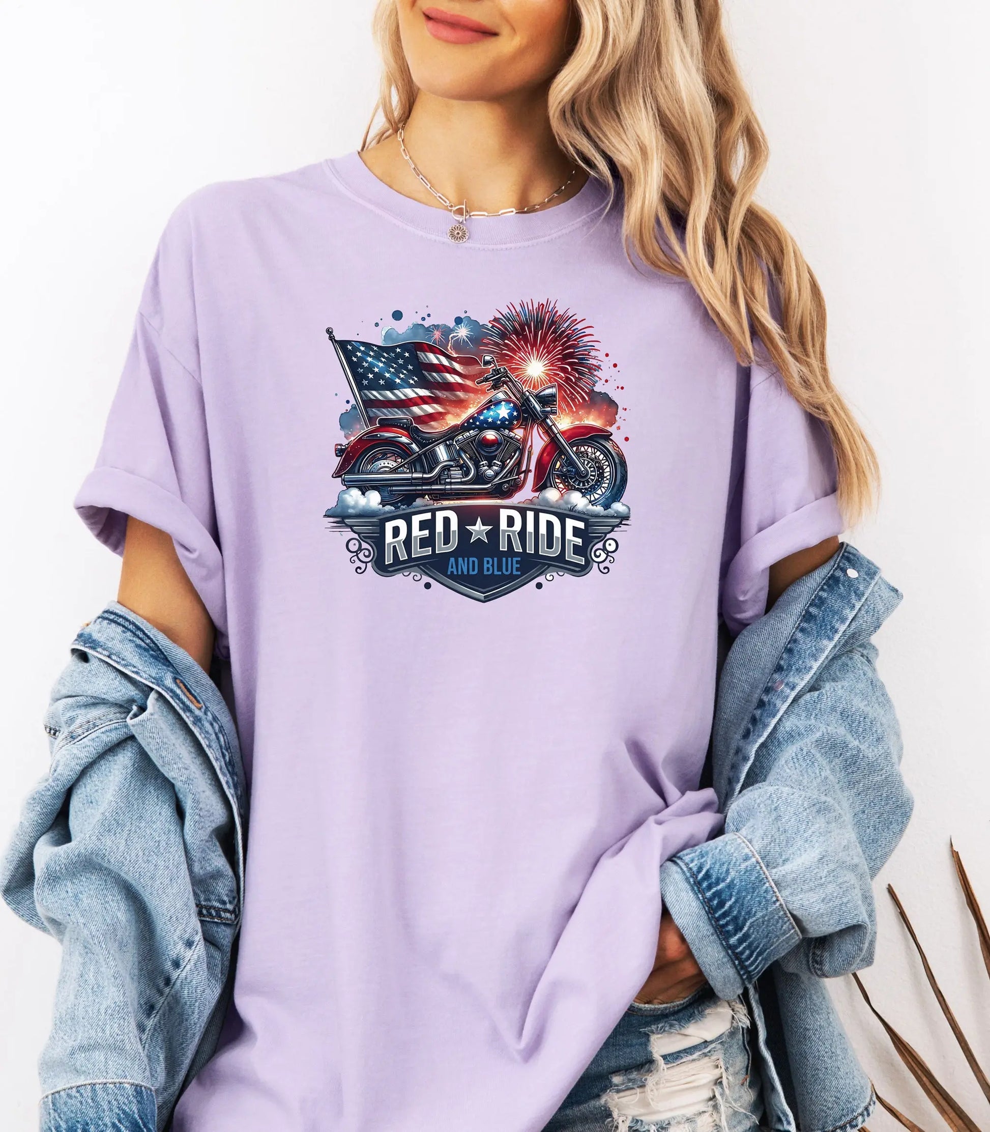 Red Ride and Blue Motorcycle T-Shirt, Patriotic Biker Tee Wildwood Mountain Coffee Co