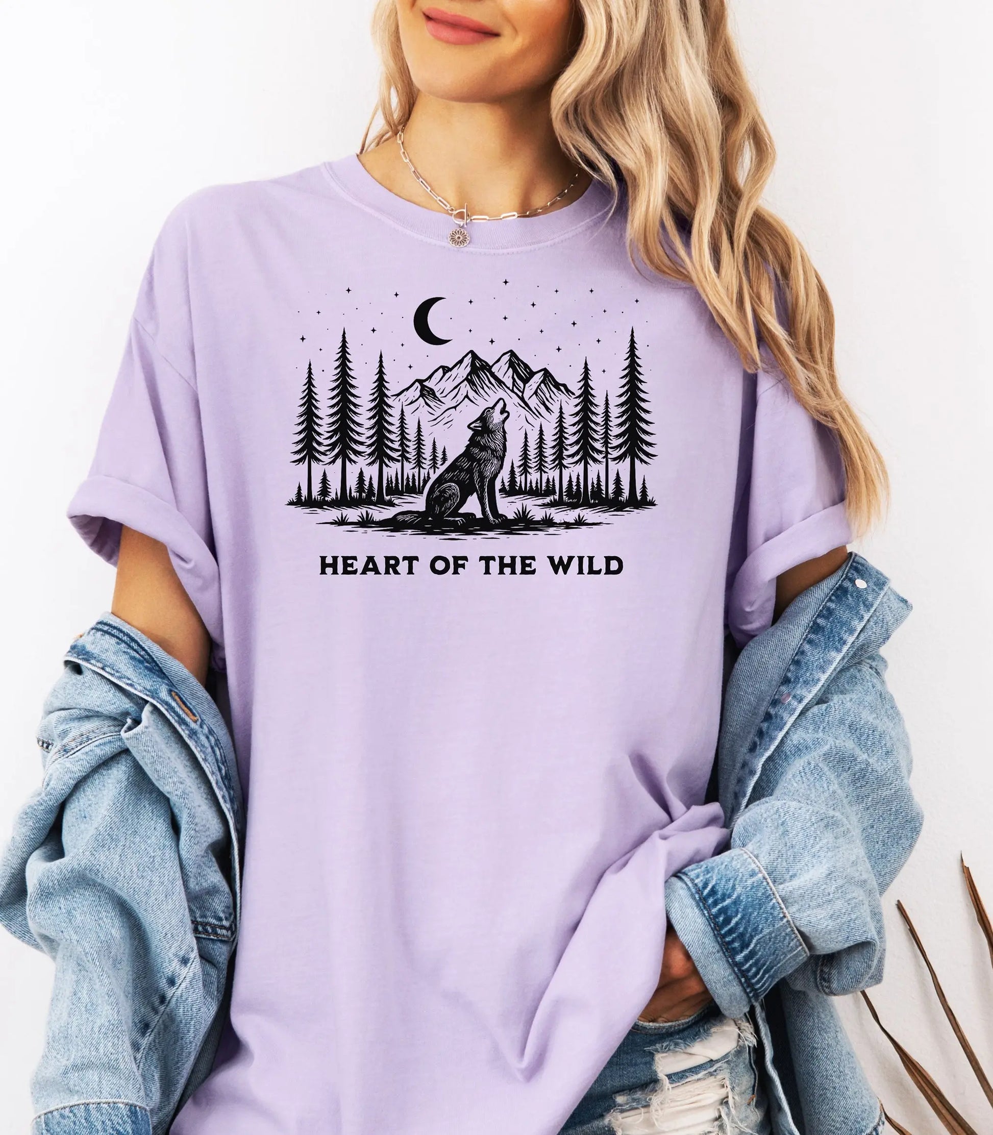 Heart of the Wild Wilderness Wolf T-Shirt, Night Forest Graphic Tee Wildwood Mountain Coffee Co