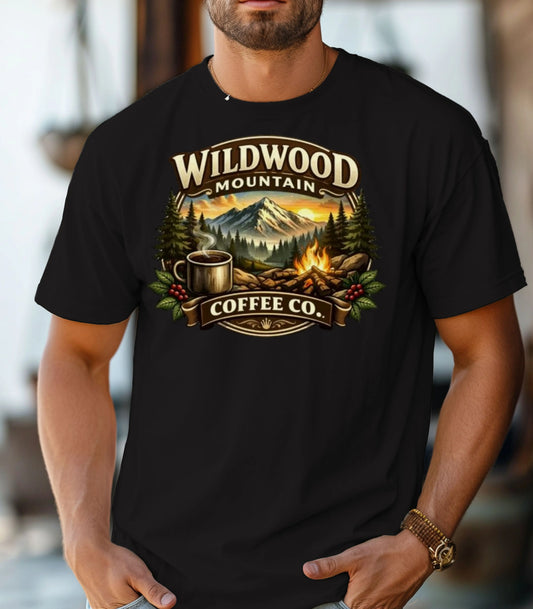 Adventure Camping Tee, Campfire & Mountain Sunrise T-Shirt, Wildwood Mountain Coffee Co T-Shirt, Vintage Campfire Coffee Shirt Wildwood Mountain Coffee Co