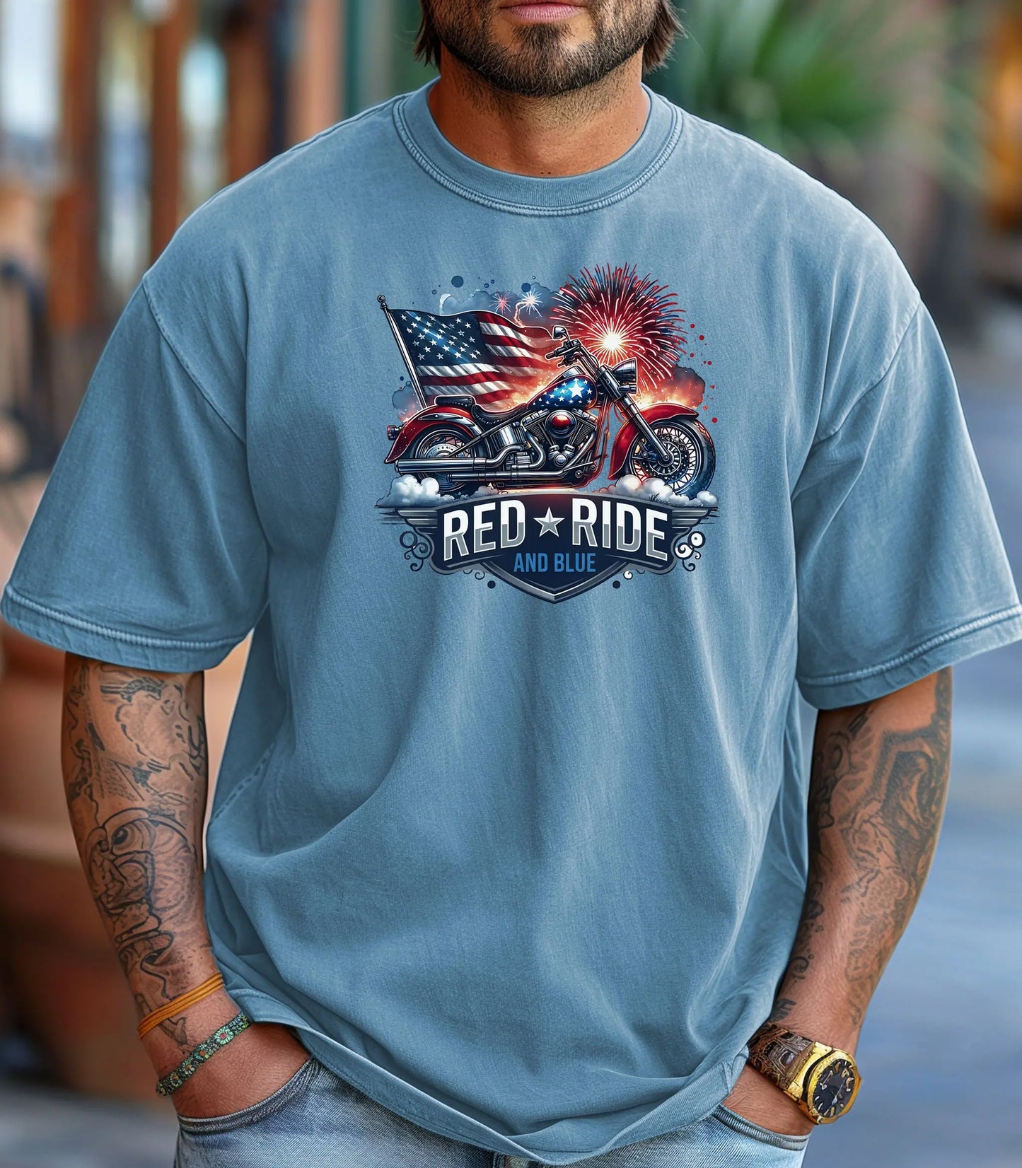 Red Ride and Blue Motorcycle T-Shirt, Patriotic Biker Tee Wildwood Mountain Coffee Co