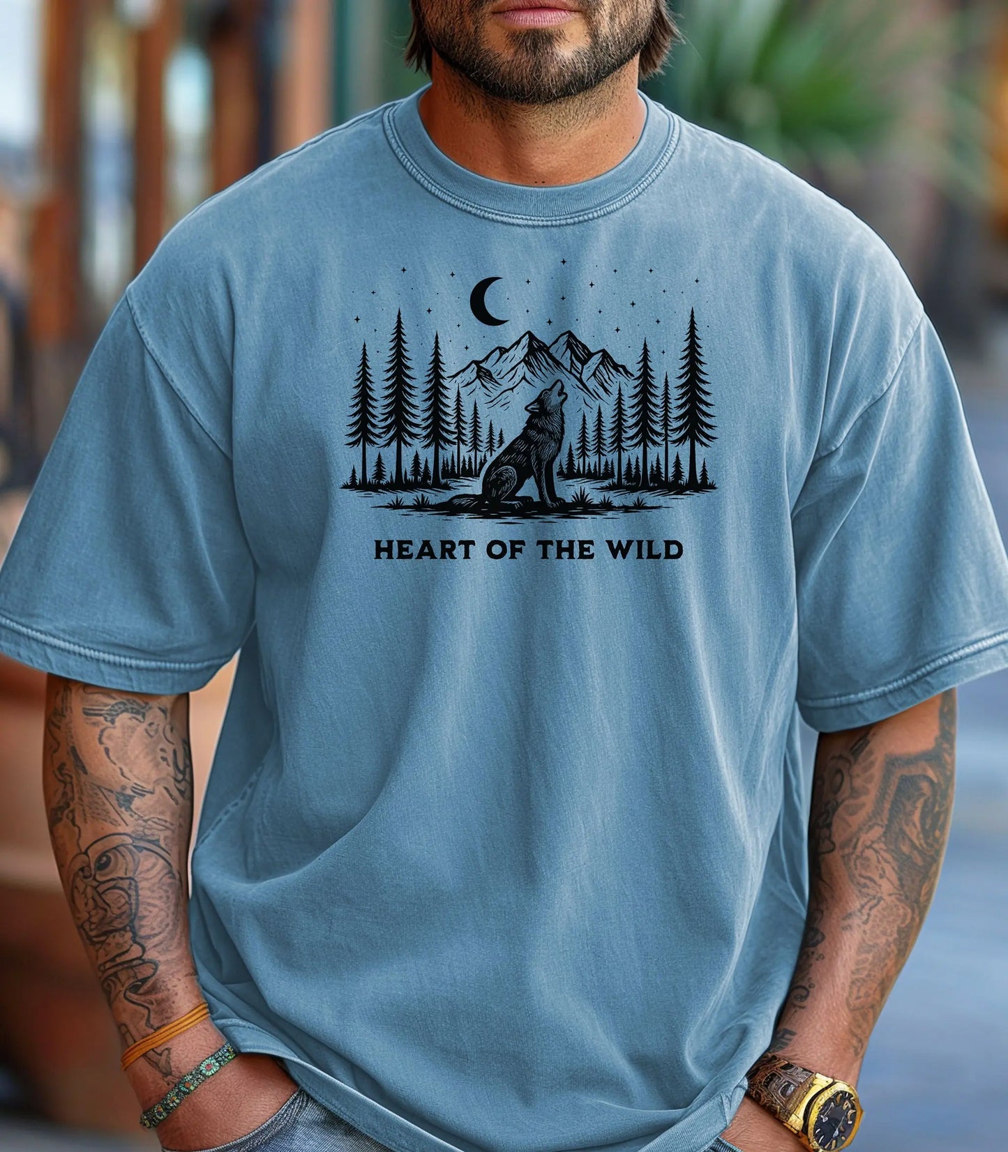 Heart of the Wild Wilderness Wolf T-Shirt, Night Forest Graphic Tee Wildwood Mountain Coffee Co