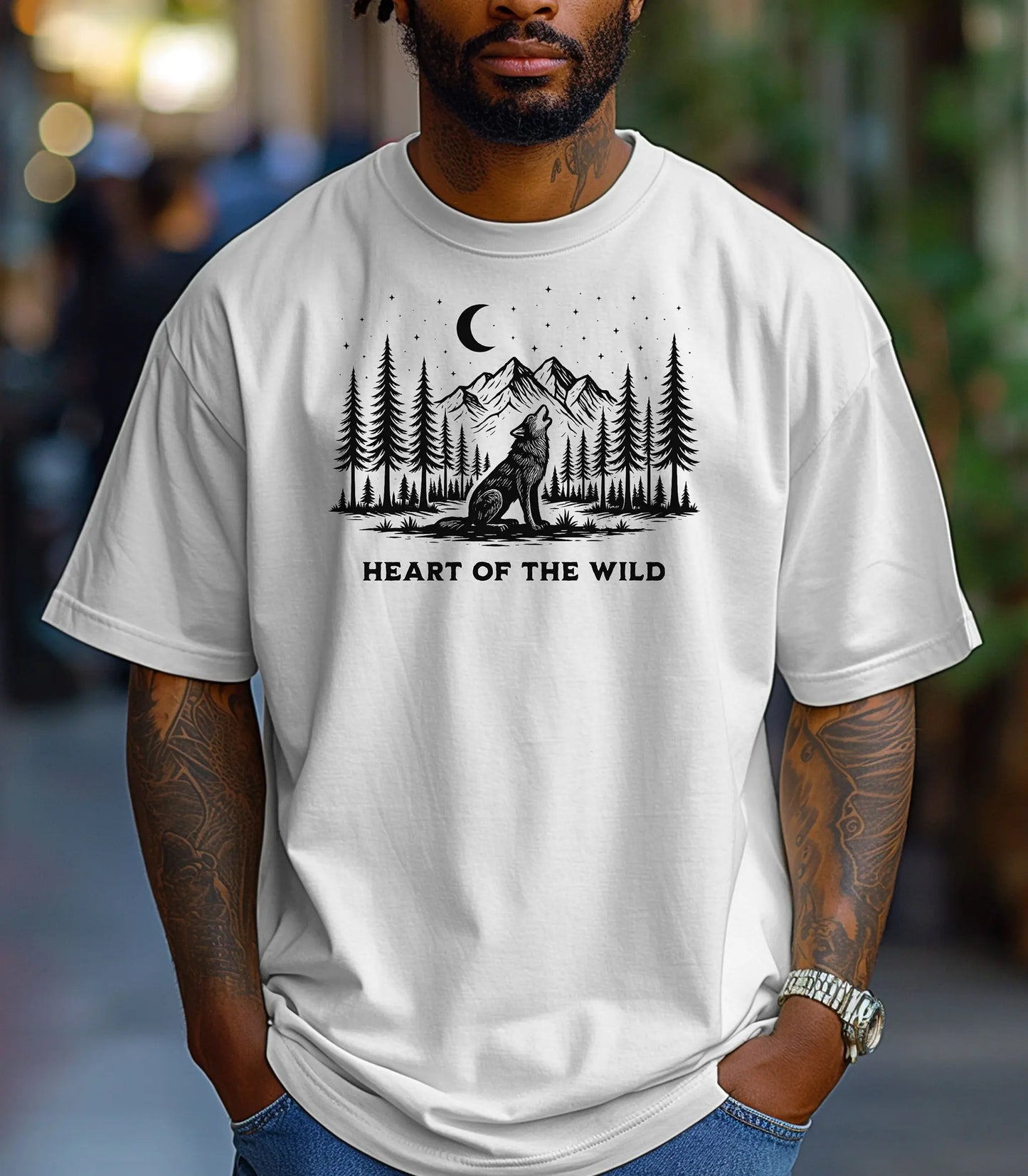 Heart of the Wild Wilderness Wolf T-Shirt, Night Forest Graphic Tee Wildwood Mountain Coffee Co