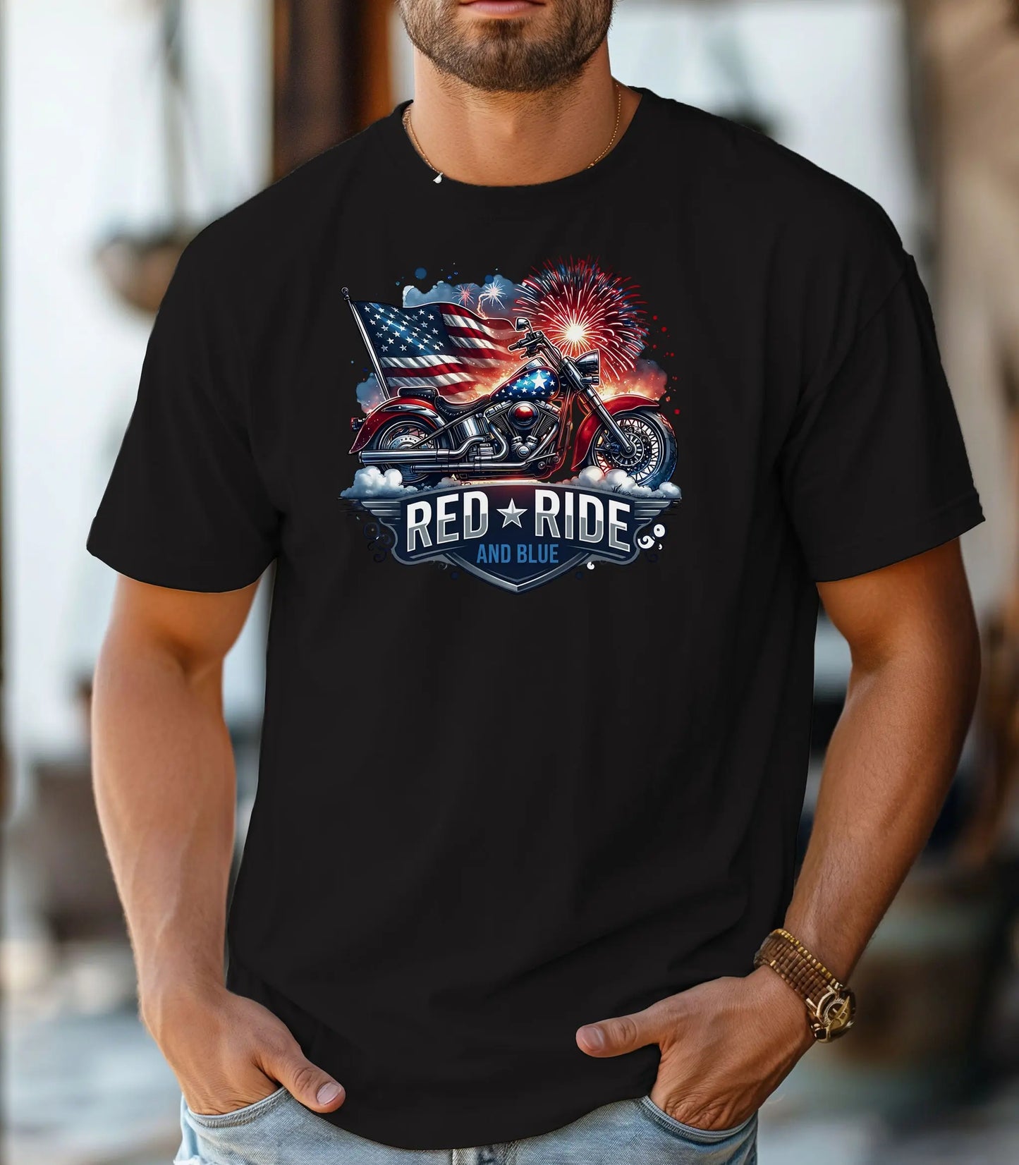 Red Ride and Blue Motorcycle T-Shirt, Patriotic Biker Tee Wildwood Mountain Coffee Co