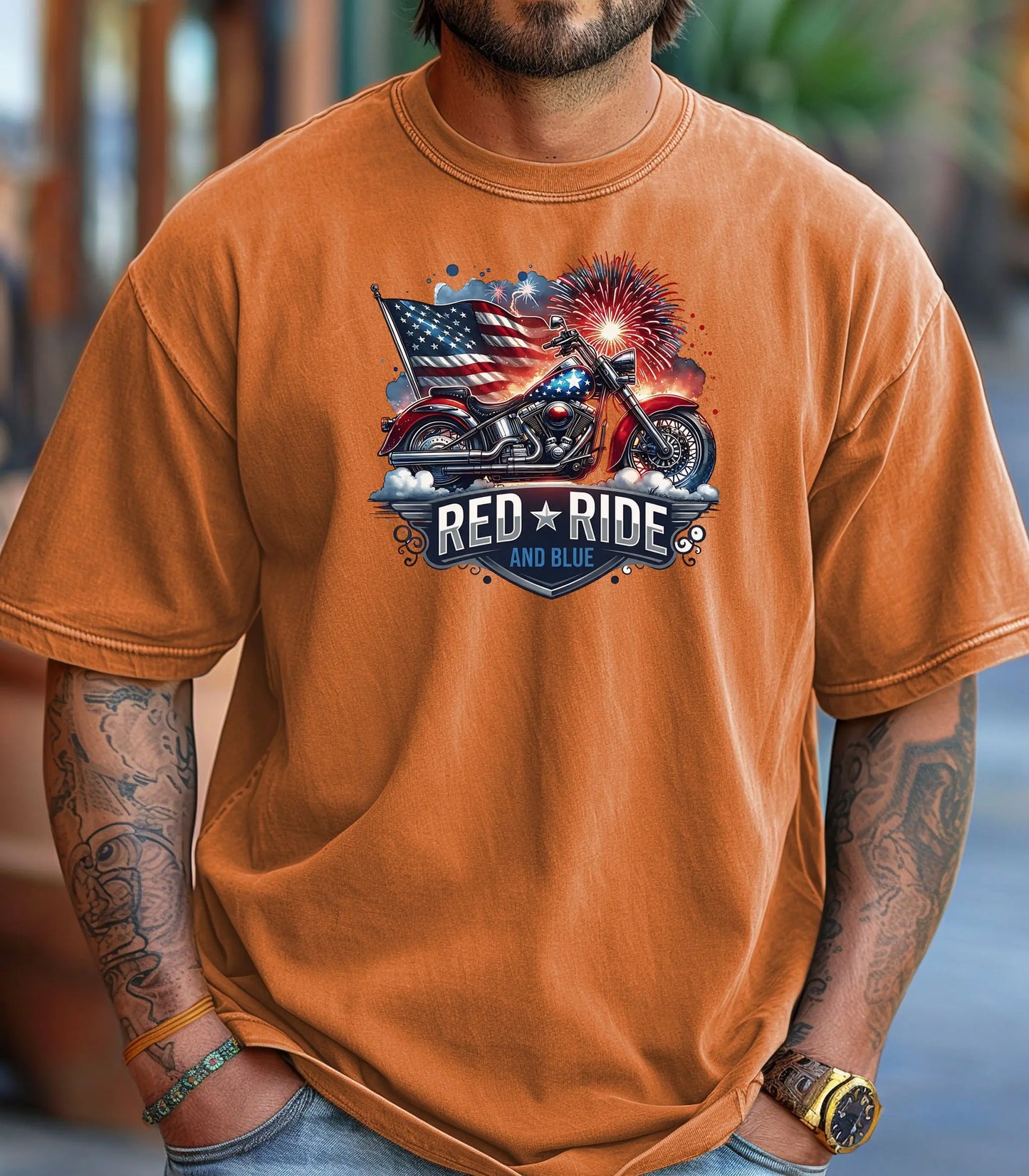 Red Ride and Blue Motorcycle T-Shirt, Patriotic Biker Tee Wildwood Mountain Coffee Co