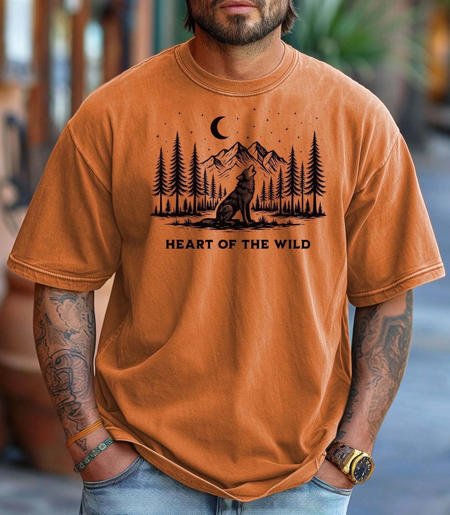 Heart of the Wild Wilderness Wolf T-Shirt, Night Forest Graphic Tee Wildwood Mountain Coffee Co