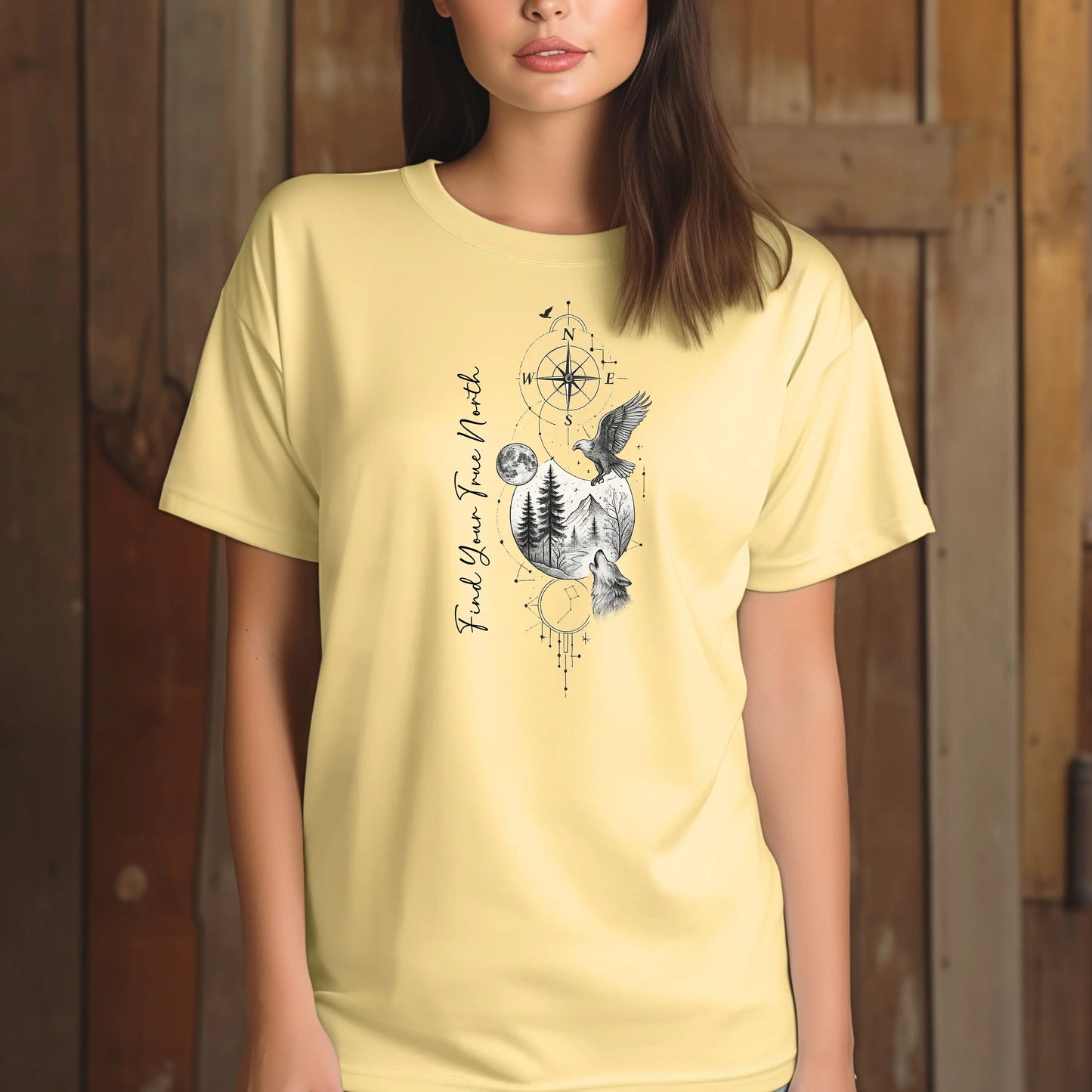 Find Your True North T-Shirt, Adventure Spirit T-Shirt, Explore Nature, Boho Style, Outdoor Apparel, Wilderness Compass Wolf Tee Wildwood Mountain Coffee Co