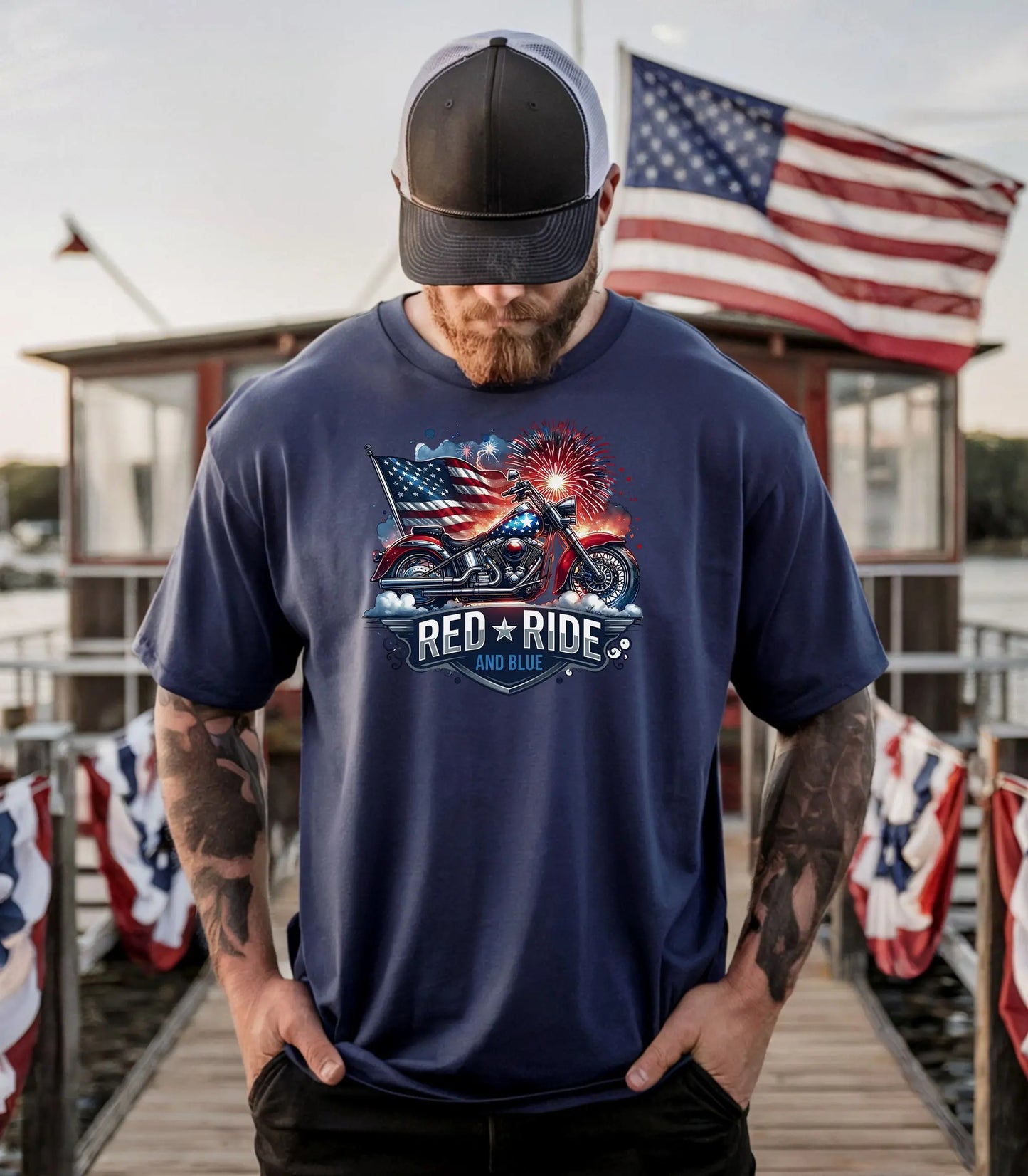 Red Ride and Blue Motorcycle T-Shirt, Patriotic Biker Tee Wildwood Mountain Coffee Co