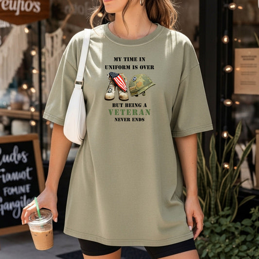 My Time In Uniform Is Over Tee, Veteran Military Boots & Helmet T-Shirt, Patriotic Service Tribute Tee