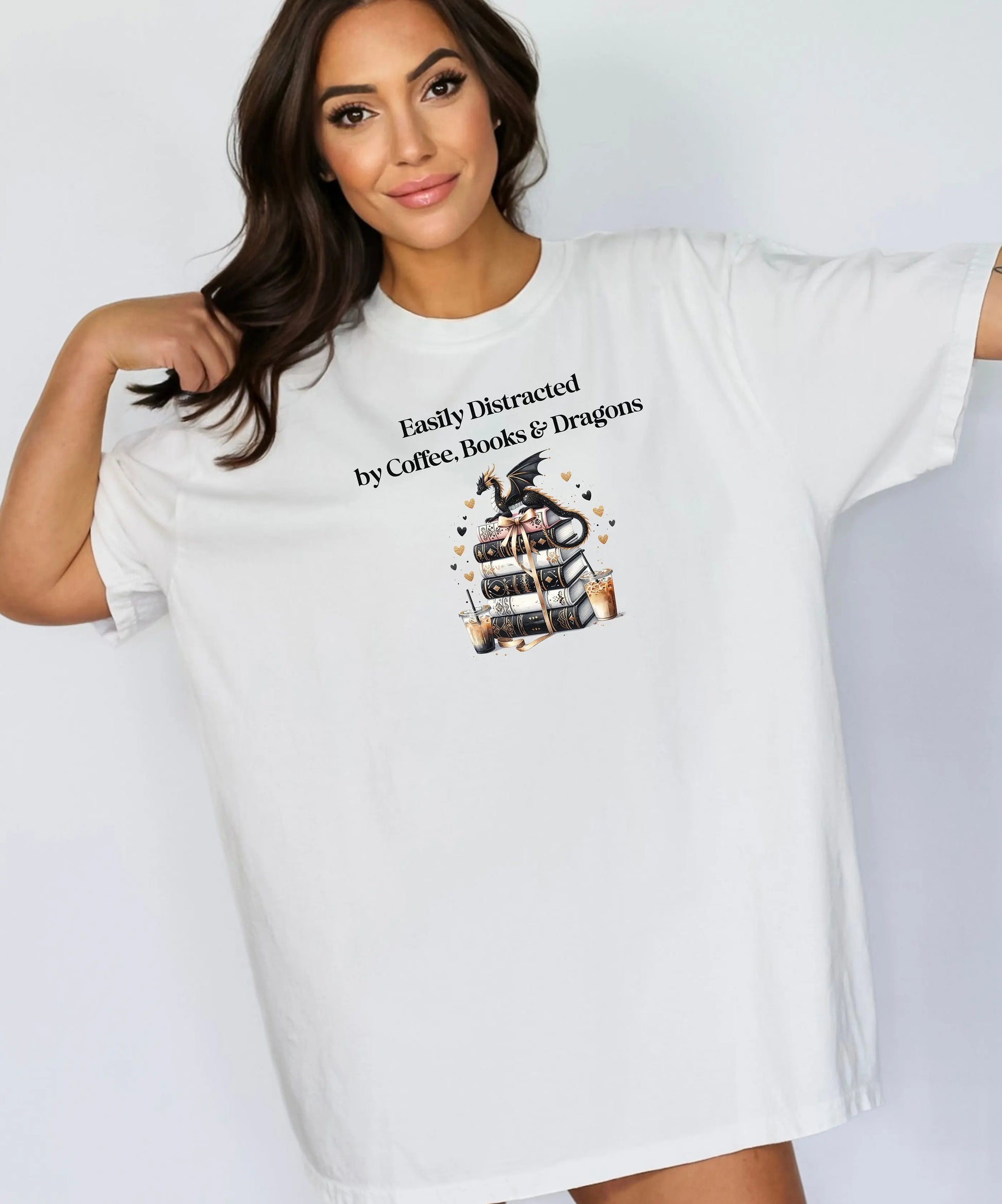 Easily Distracted by Coffee Books & Dragons T-Shirt, Book Lovers Tee, Fantasy Book Lover Gift, Bookworm Gift, Dragon Book Hoarder Wildwood Mountain Coffee Co