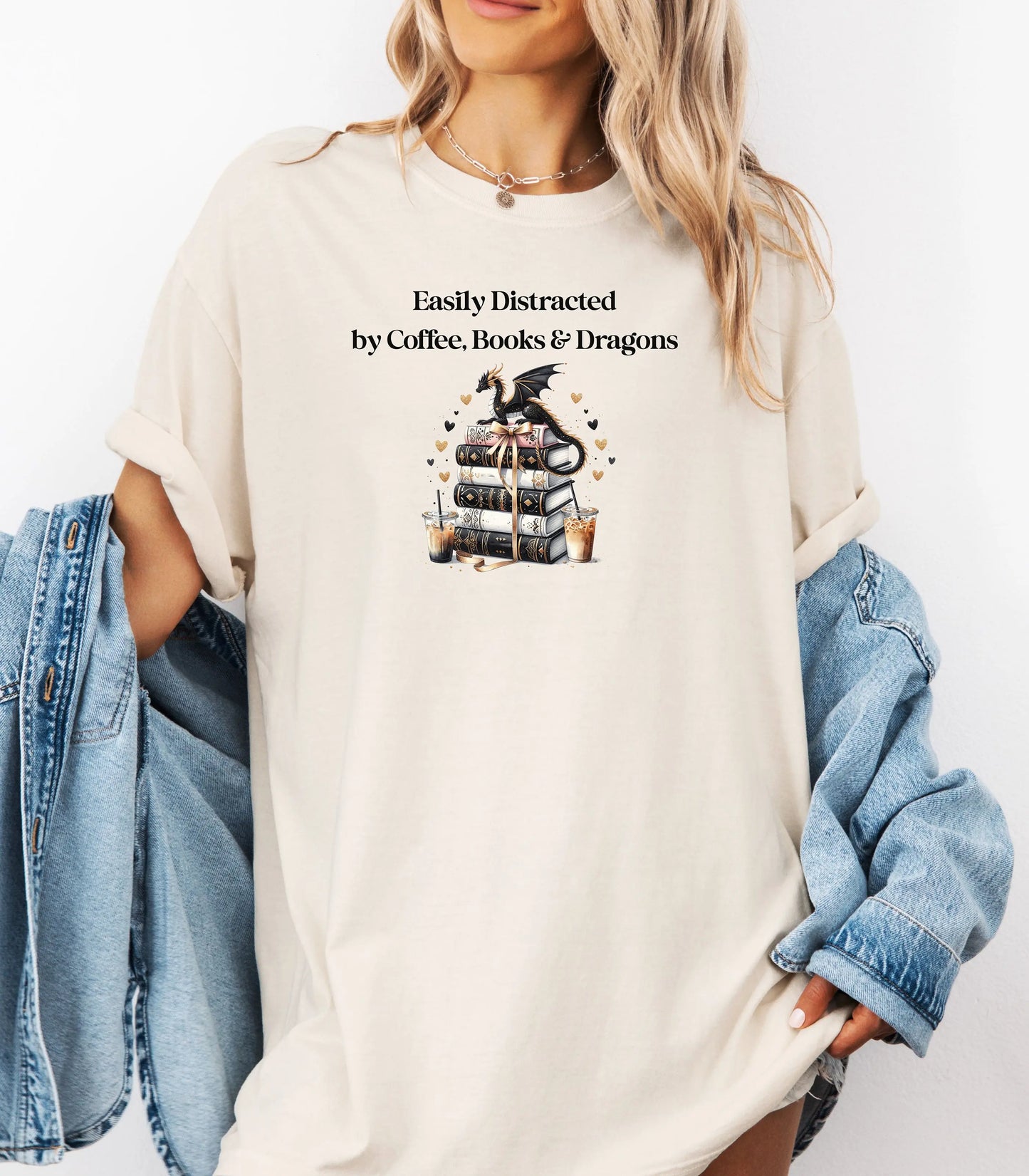 Easily Distracted by Coffee Books & Dragons T-Shirt, Book Lovers Tee, Fantasy Book Lover Gift, Bookworm Gift, Dragon Book Hoarder Wildwood Mountain Coffee Co