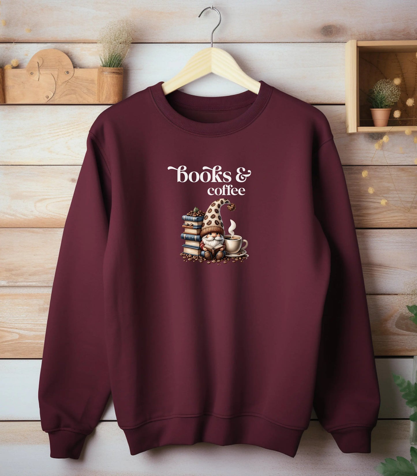 Cozy Book Lover's Sweatshirt, Books & Coffee Sweatshirt, Gift for Readers, Coffee Lover Gift, Teacher Gift, Bookworm Sweatshirt, Gnome Lover Wildwood Mountain Coffee Co