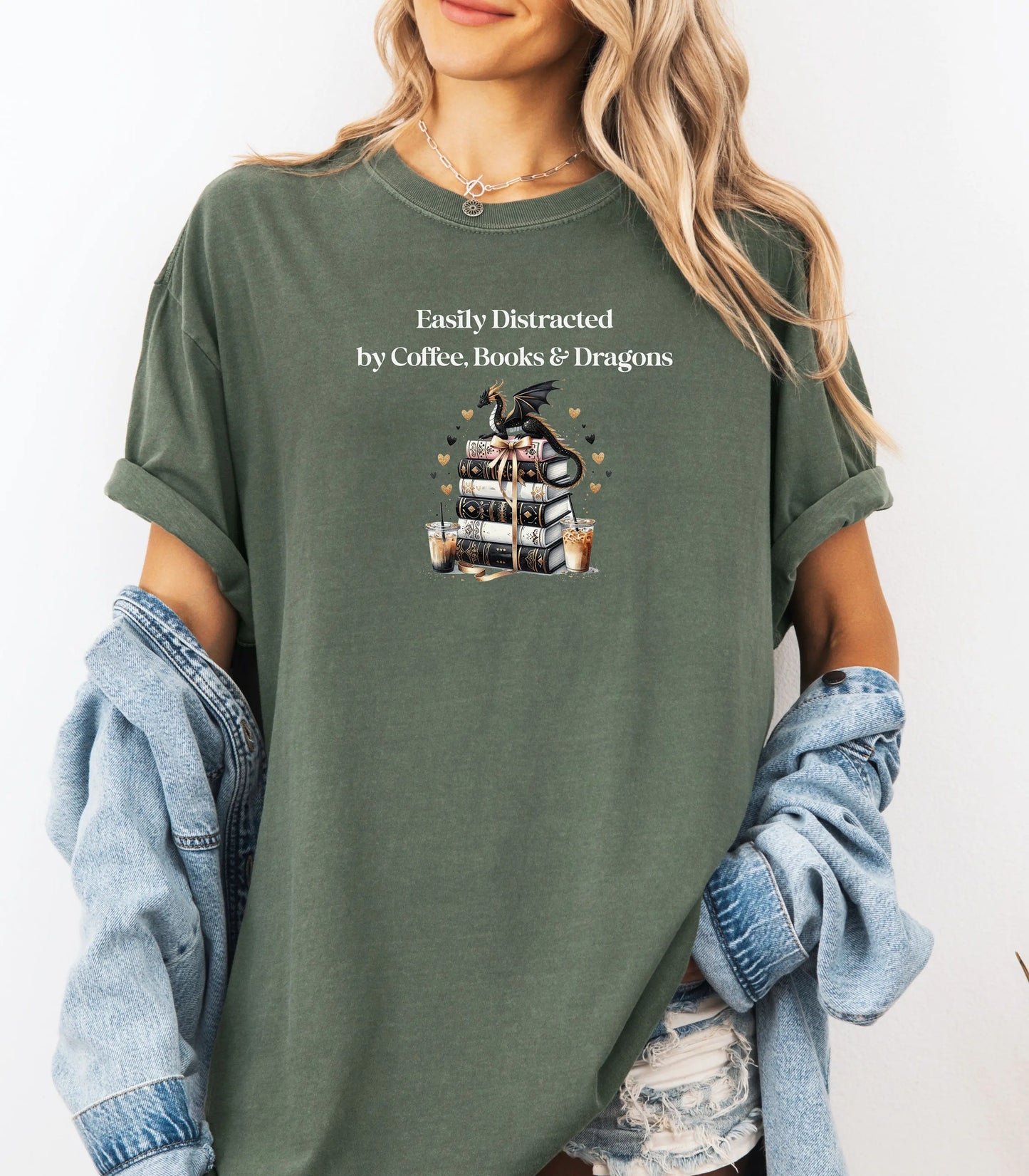 Easily Distracted by Coffee Books & Dragons T-Shirt, Book Lovers Tee, Fantasy Book Lover Gift, Bookworm Gift, Dragon Book Hoarder Wildwood Mountain Coffee Co