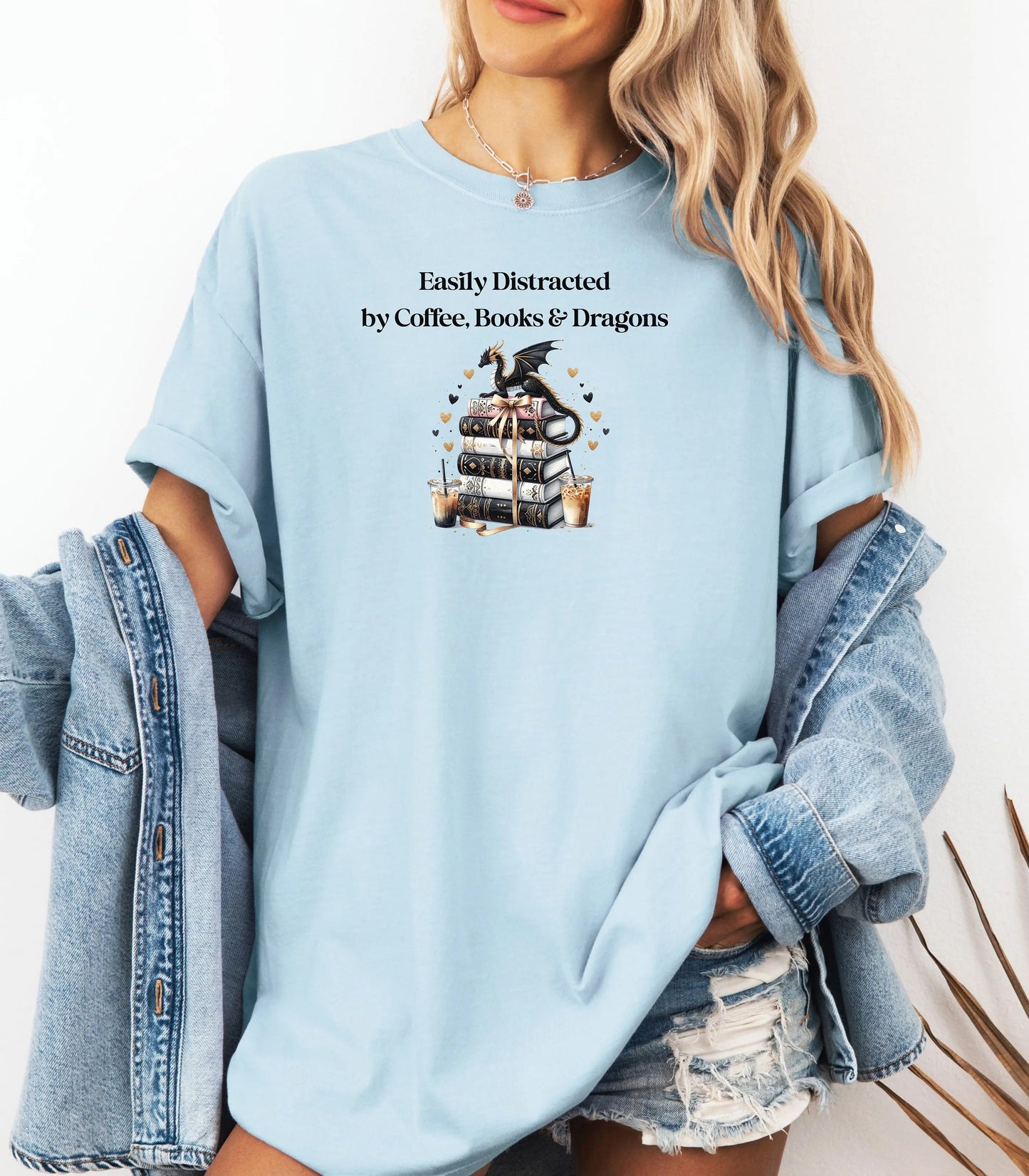 Easily Distracted by Coffee Books & Dragons T-Shirt, Book Lovers Tee, Fantasy Book Lover Gift, Bookworm Gift, Dragon Book Hoarder Wildwood Mountain Coffee Co