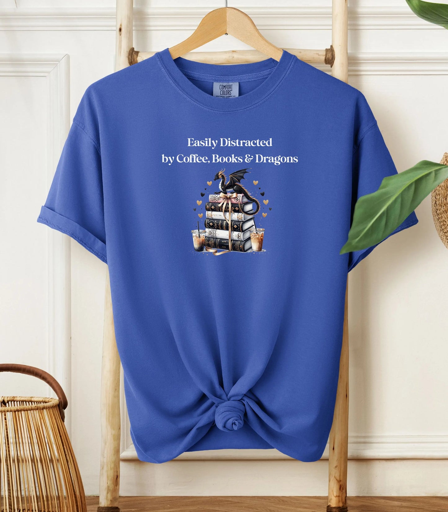 Easily Distracted by Coffee Books & Dragons T-Shirt, Book Lovers Tee, Fantasy Book Lover Gift, Bookworm Gift, Dragon Book Hoarder Wildwood Mountain Coffee Co