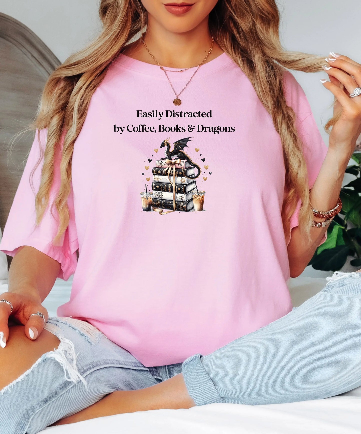 Easily Distracted by Coffee Books & Dragons T-Shirt, Book Lovers Tee, Fantasy Book Lover Gift, Bookworm Gift, Dragon Book Hoarder Wildwood Mountain Coffee Co
