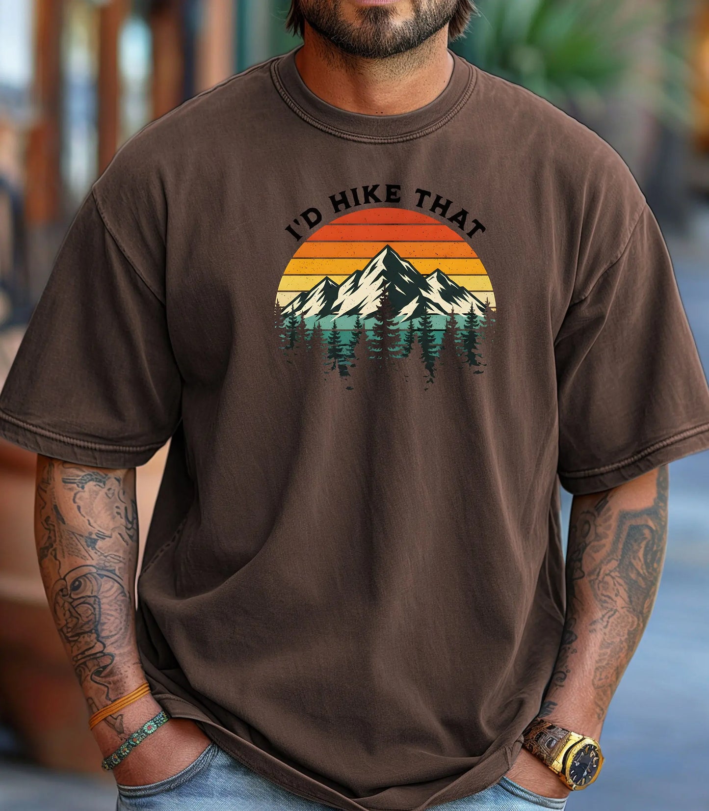 I’d Hike That Wilderness T-Shirt, Retro Mountain Sunset Hiking Tee Printify