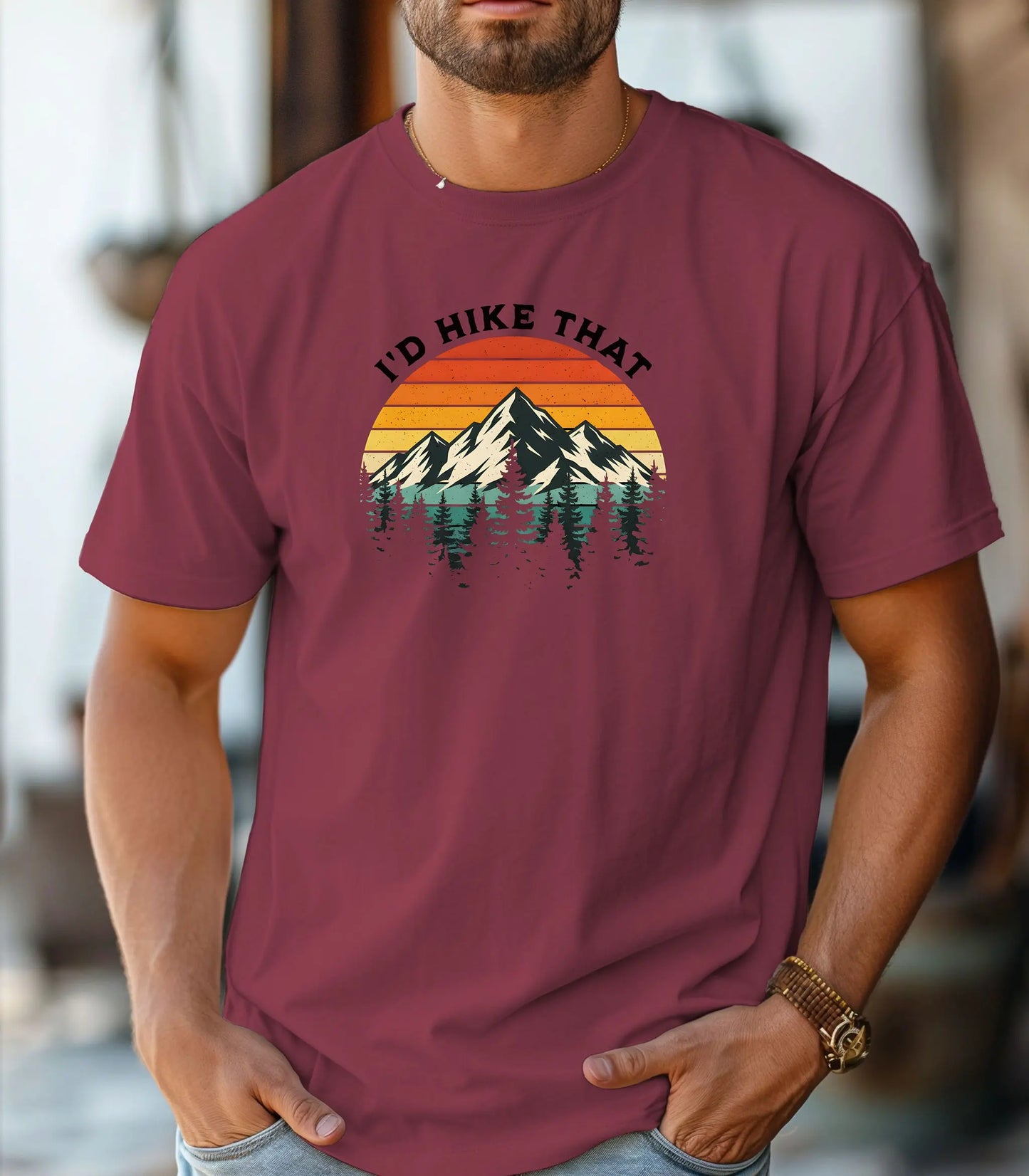 I’d Hike That Wilderness T-Shirt, Retro Mountain Sunset Hiking Tee Printify