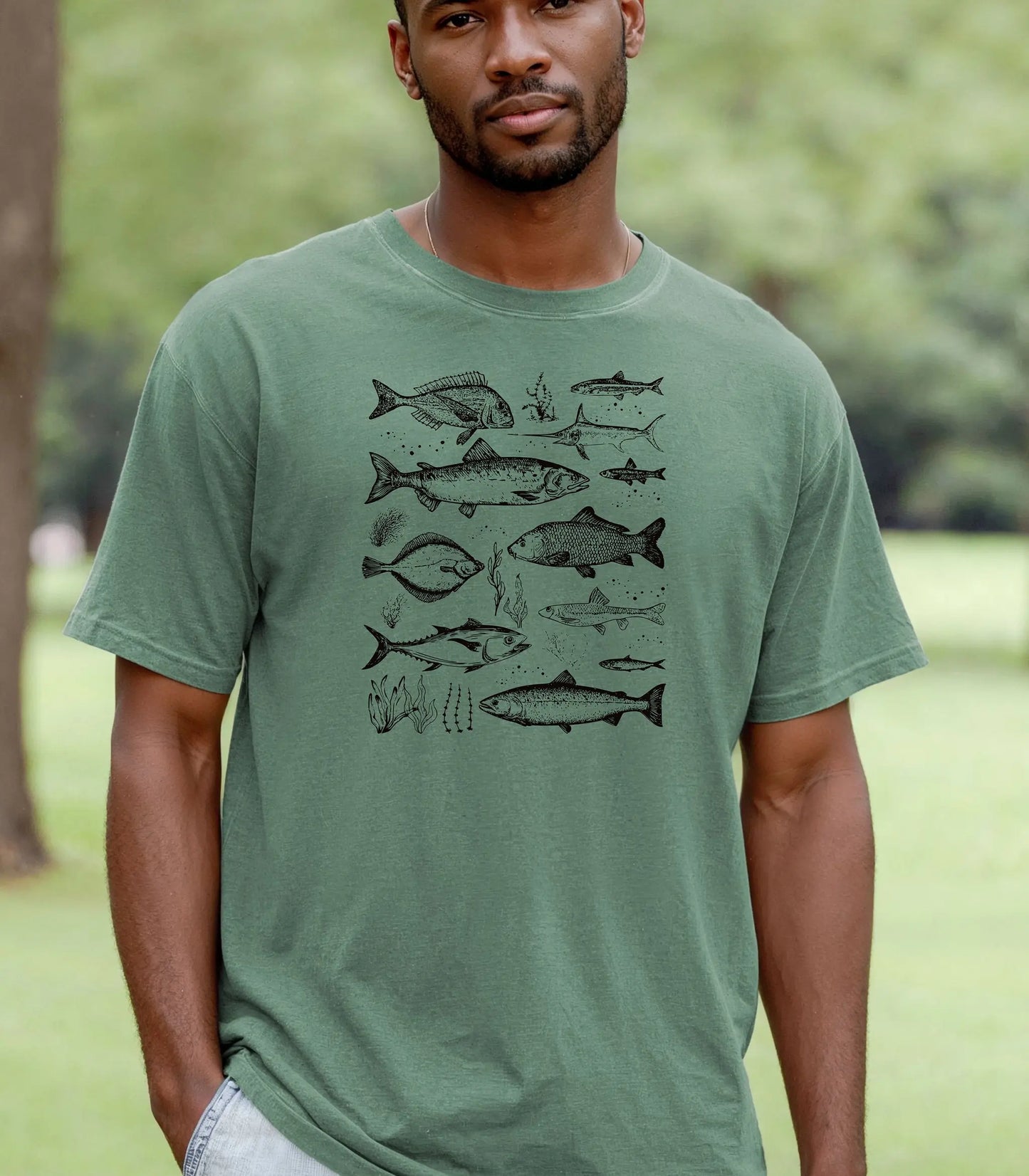 Vintage Marine Fish Chart T-Shirt, Illustrated Ocean Species Tee, Fishing Shirt Printify