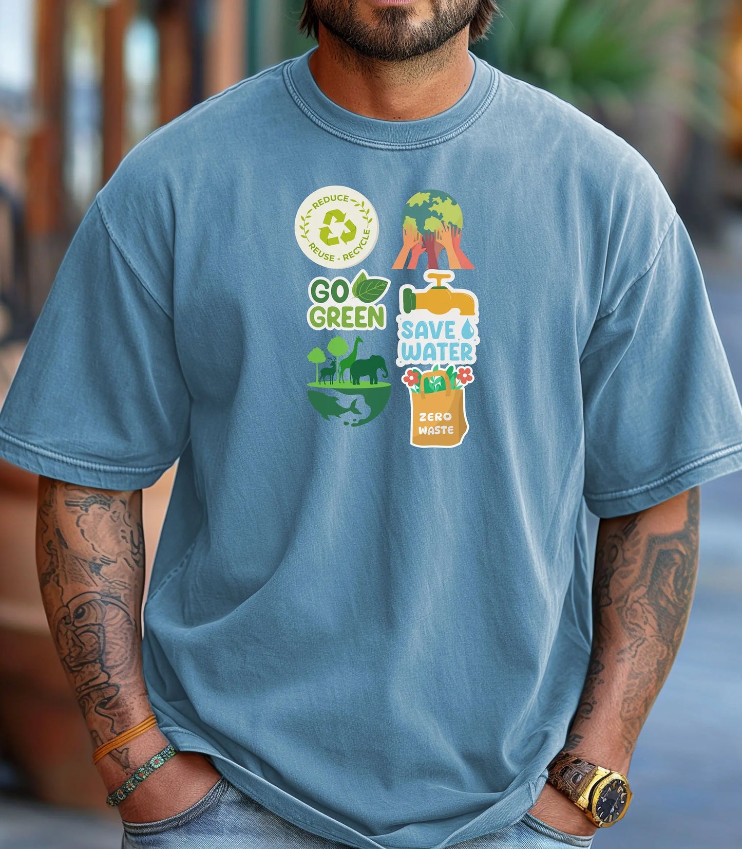 Go Green Environmental Awareness T-Shirt, Save Water, Protect Earth,  Sustainability Icons Eco Awareness Shirt Wildwood Mountain Coffee Co