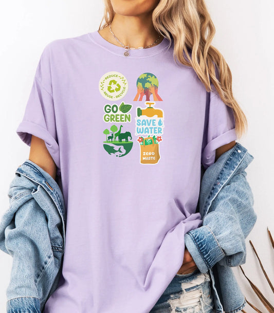 Go Green Environmental Awareness T-Shirt, Save Water, Protect Earth,  Sustainability Icons Eco Awareness Shirt Wildwood Mountain Coffee Co