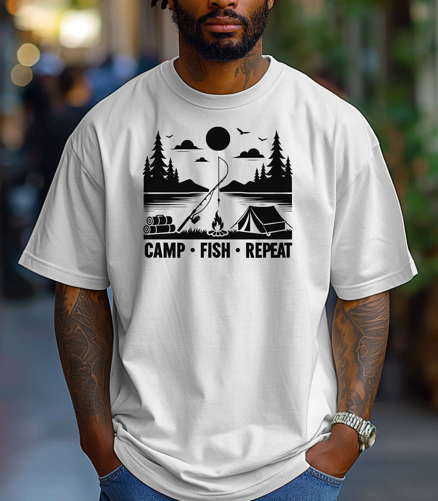 Camp Fish Repeat T-Shirt, Outdoor Camping & Fishing Graphic Tee Printify