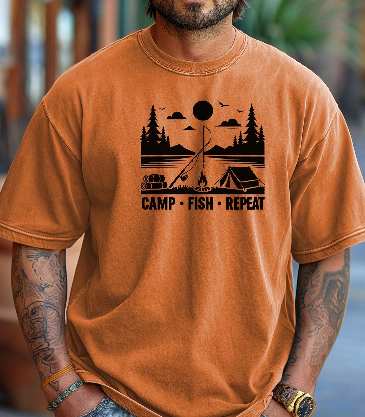 Camp Fish Repeat T-Shirt, Outdoor Camping & Fishing Graphic Tee Printify