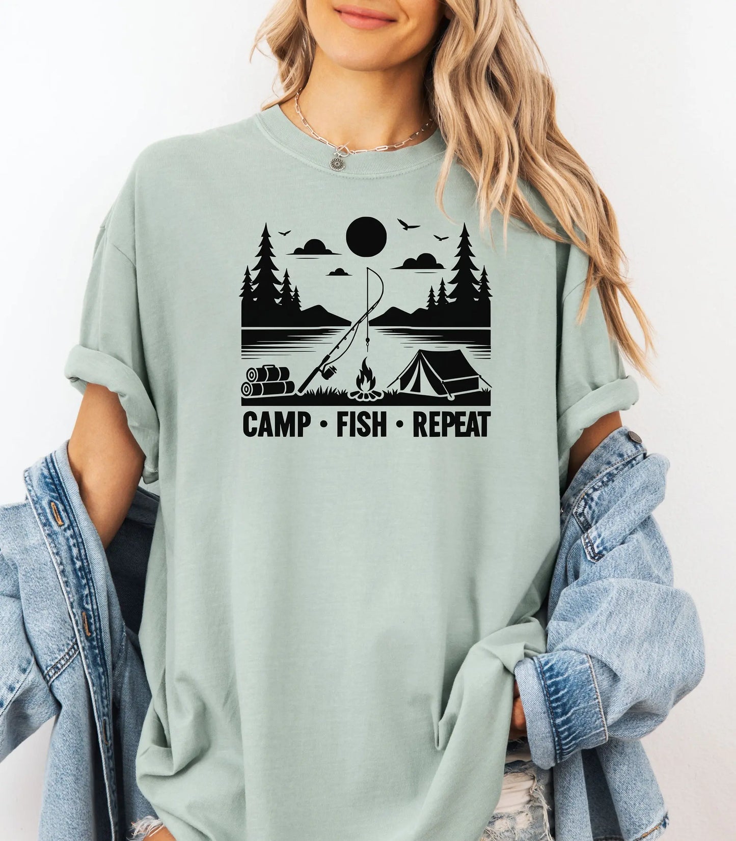Camp Fish Repeat T-Shirt, Outdoor Camping & Fishing Graphic Tee Printify