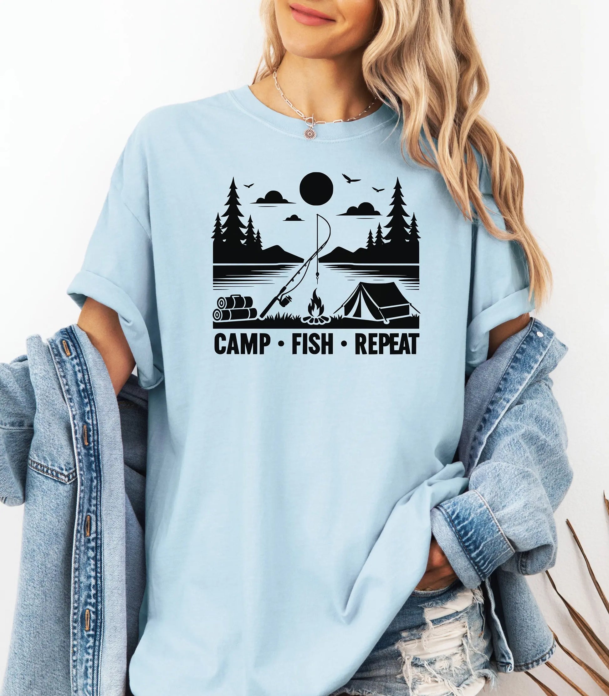 Camp Fish Repeat T-Shirt, Outdoor Camping & Fishing Graphic Tee Printify