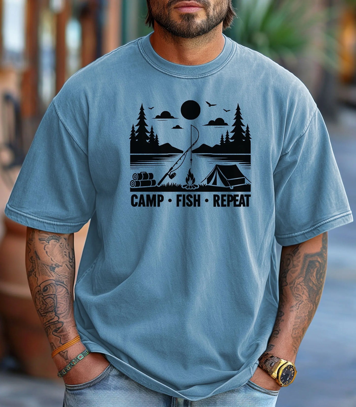Camp Fish Repeat T-Shirt, Outdoor Camping & Fishing Graphic Tee Printify