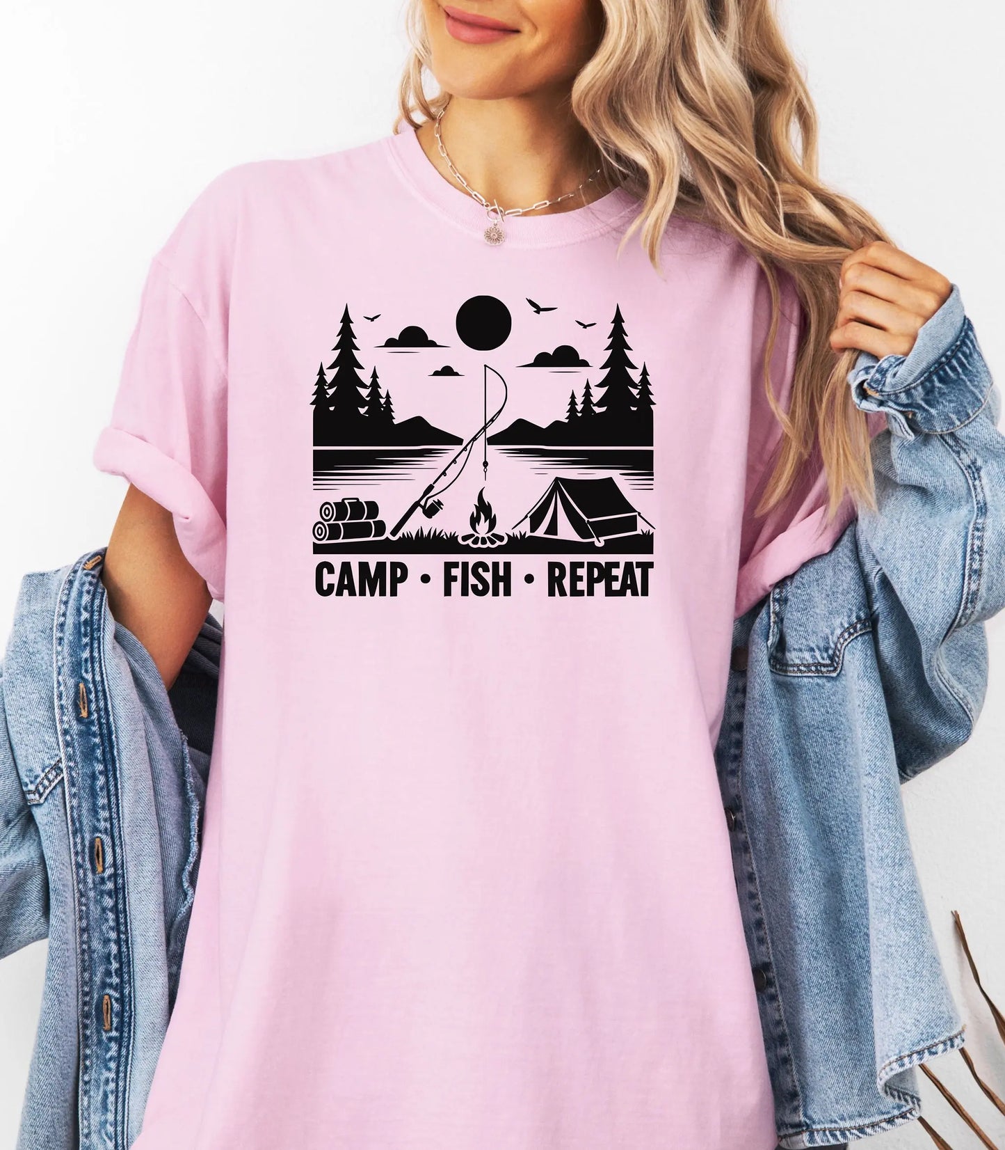 Camp Fish Repeat T-Shirt, Outdoor Camping & Fishing Graphic Tee Printify