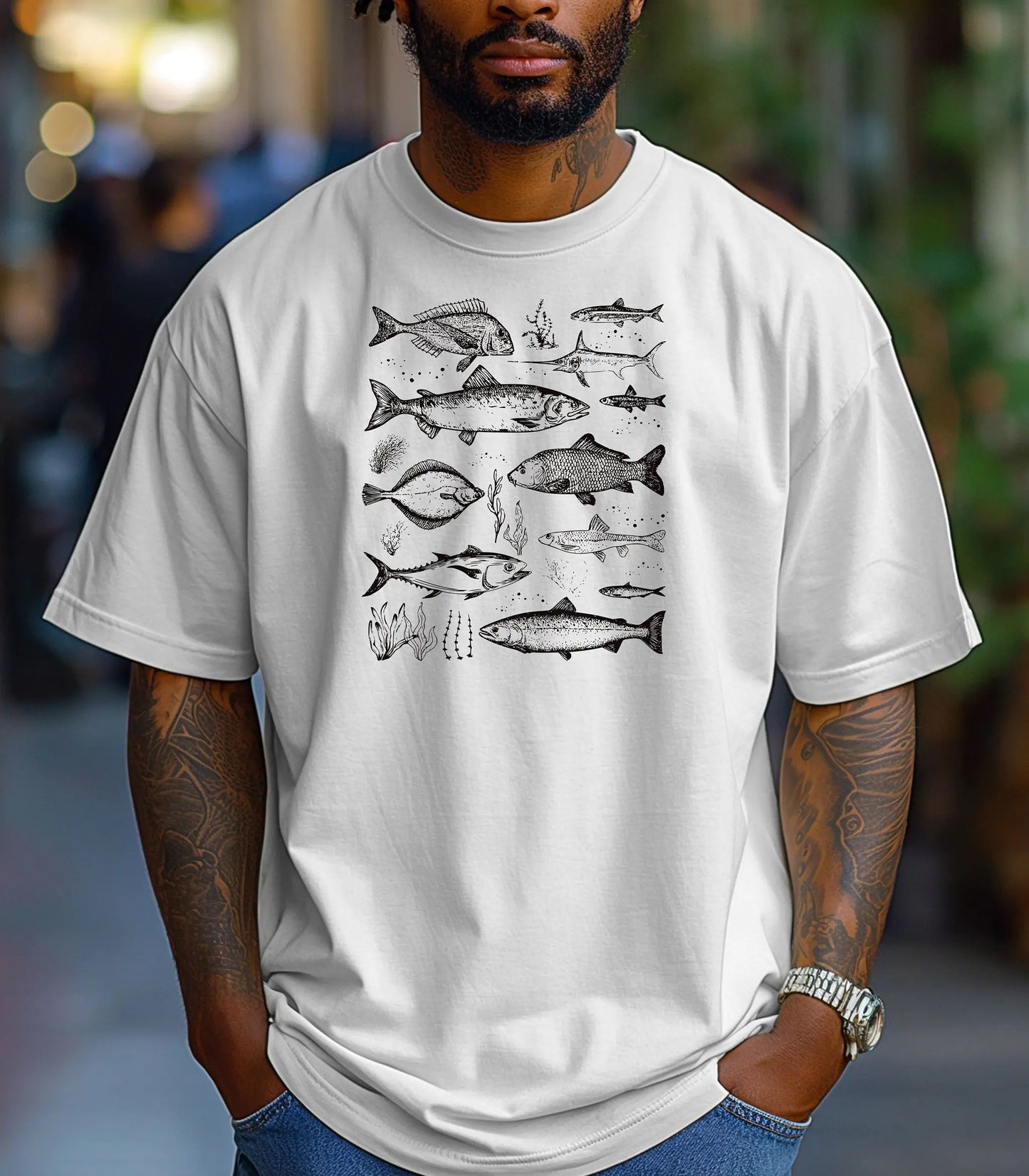 Vintage Marine Fish Chart T-Shirt, Illustrated Ocean Species Tee, Fishing Shirt Printify