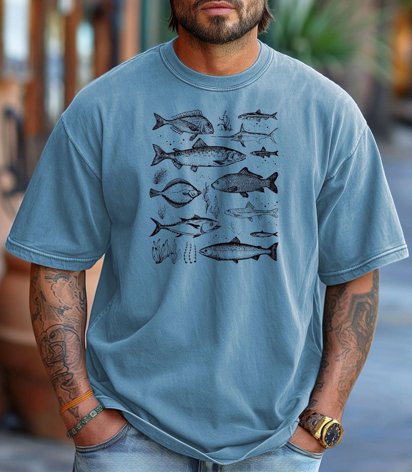Vintage Marine Fish Chart T-Shirt, Illustrated Ocean Species Tee, Fishing Shirt Printify