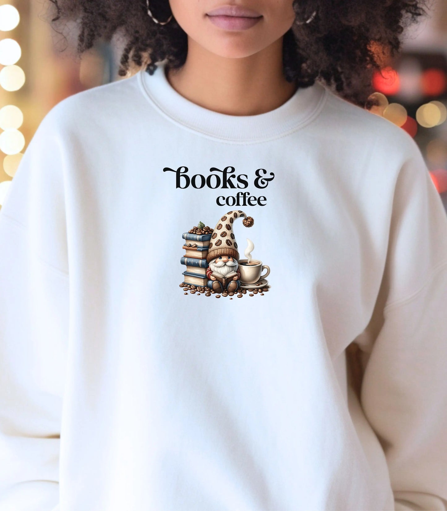 Cozy Book Lover's Sweatshirt, Books & Coffee Sweatshirt, Gift for Readers, Coffee Lover Gift, Teacher Gift, Bookworm Sweatshirt, Gnome Lover Wildwood Mountain Coffee Co