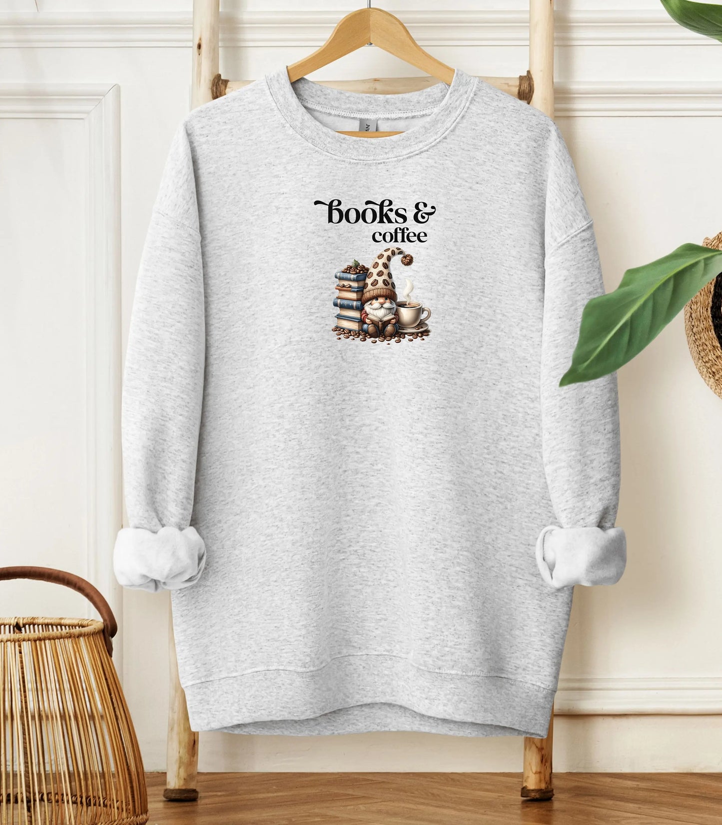 Cozy Book Lover's Sweatshirt, Books & Coffee Sweatshirt, Gift for Readers, Coffee Lover Gift, Teacher Gift, Bookworm Sweatshirt, Gnome Lover Wildwood Mountain Coffee Co