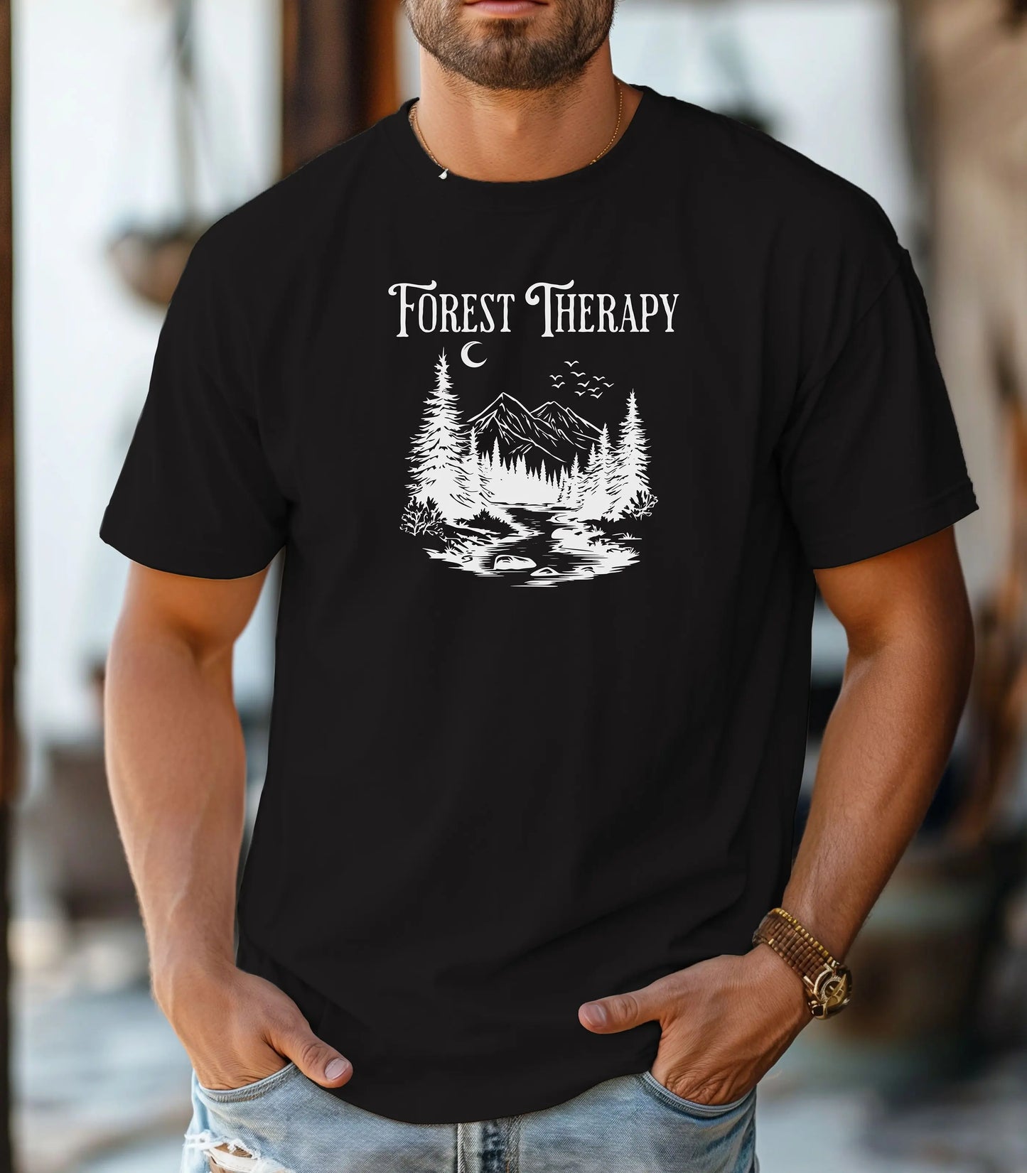 Forest Therapy T-Shirt, Nature Escape Mountain & River Graphic Tee Printify