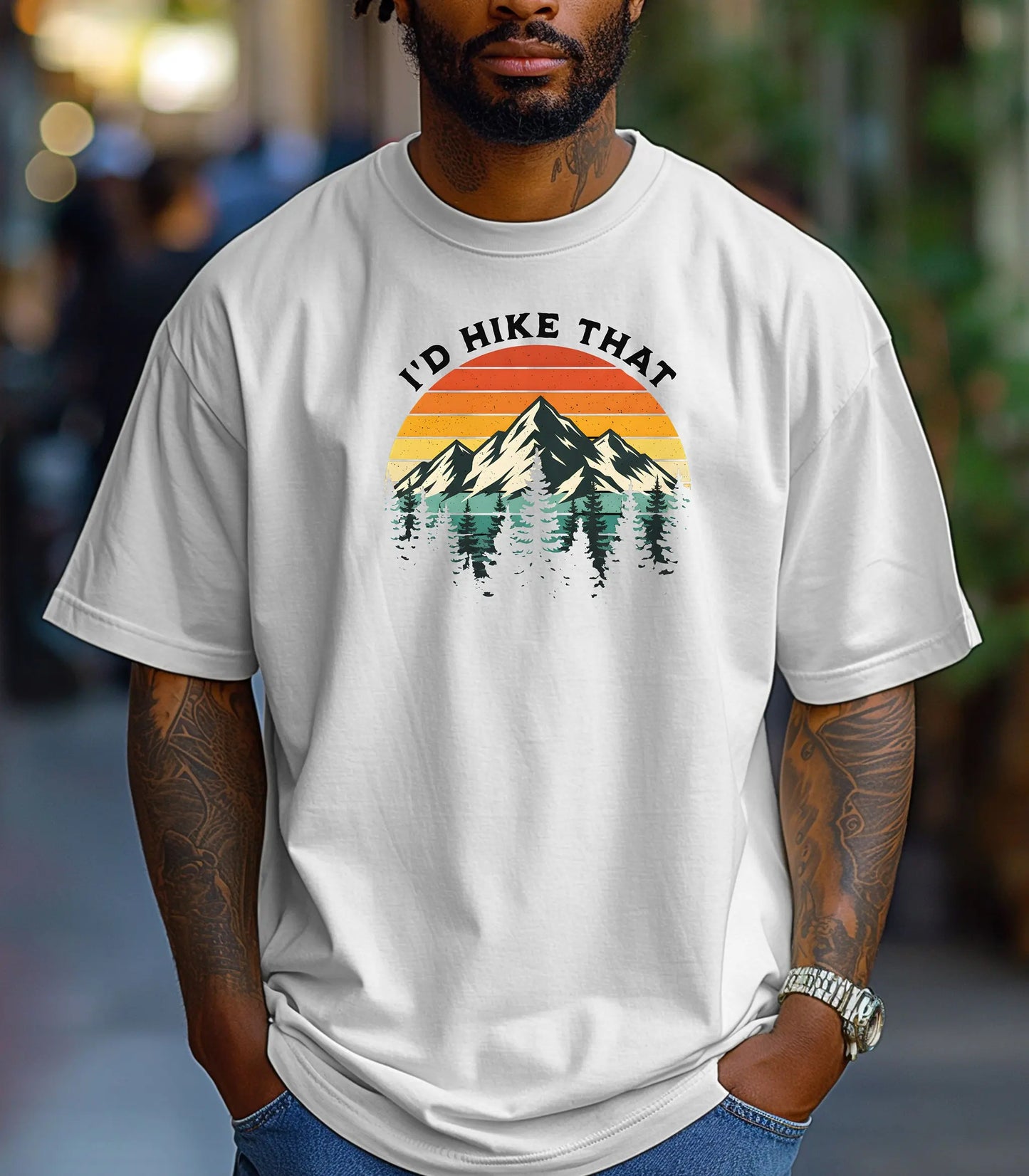 I’d Hike That Wilderness T-Shirt, Retro Mountain Sunset Hiking Tee Printify