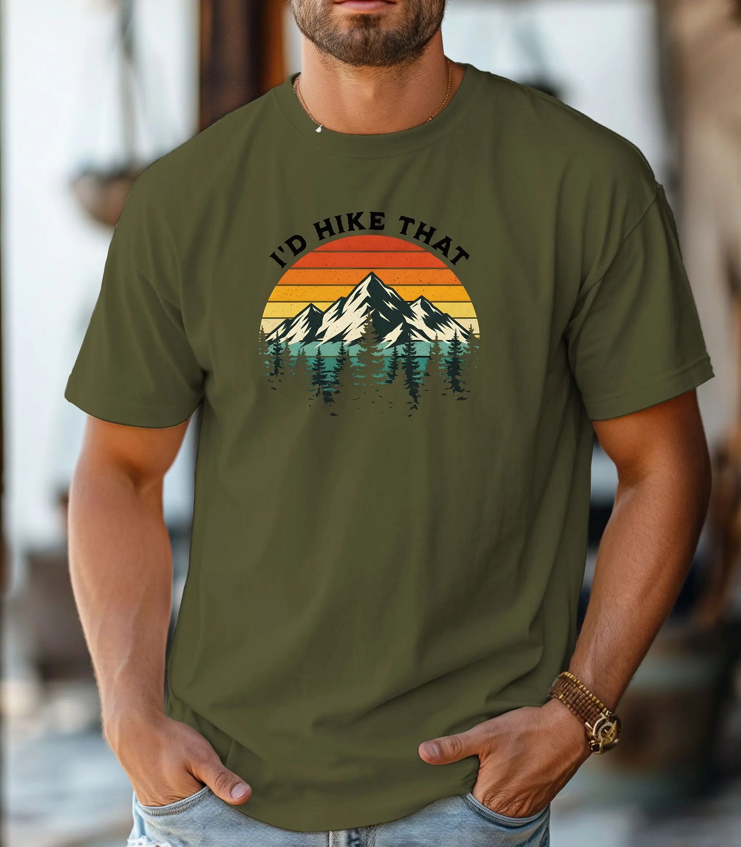 I’d Hike That Wilderness T-Shirt, Retro Mountain Sunset Hiking Tee Printify