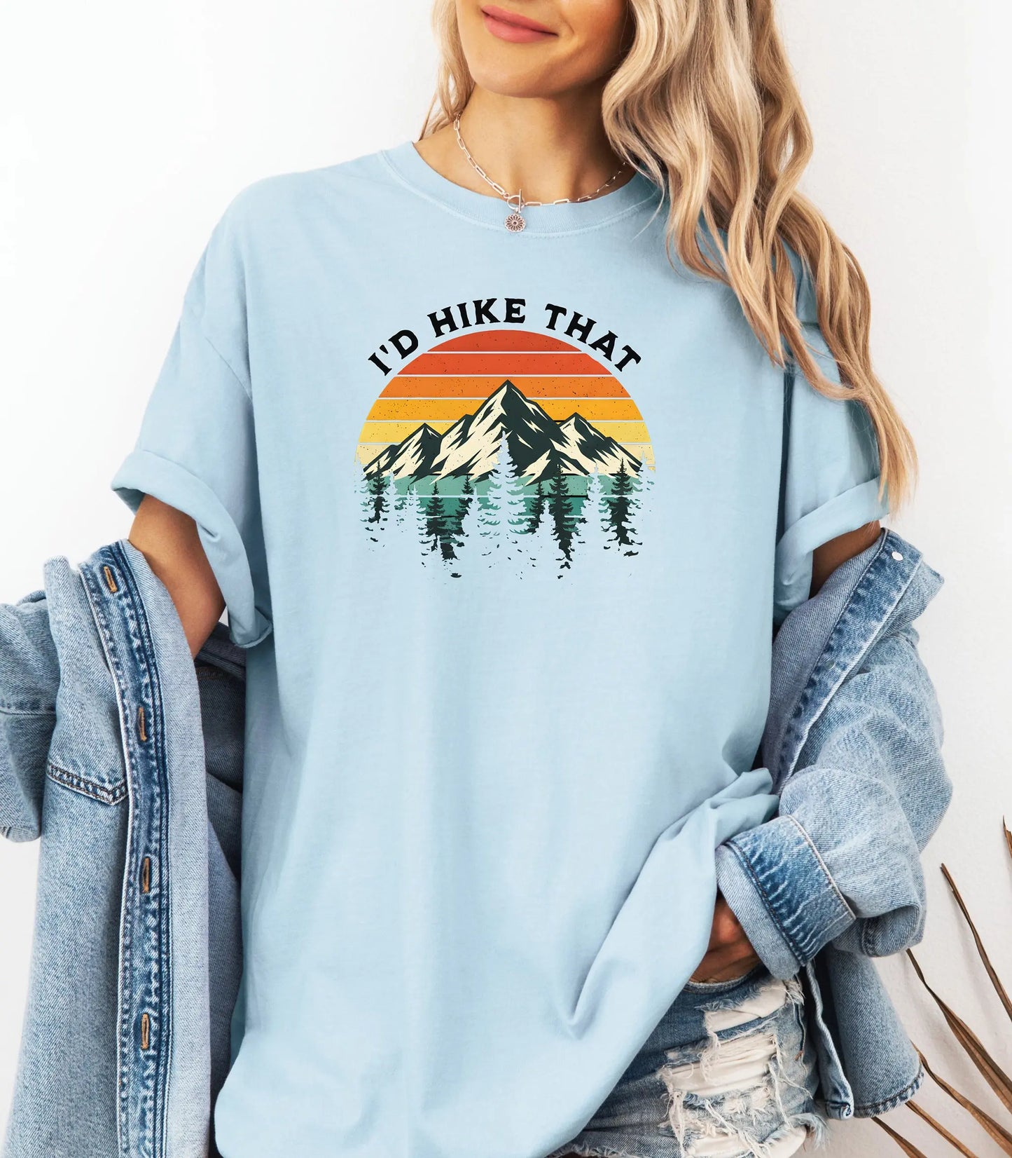 I’d Hike That Wilderness T-Shirt, Retro Mountain Sunset Hiking Tee Printify