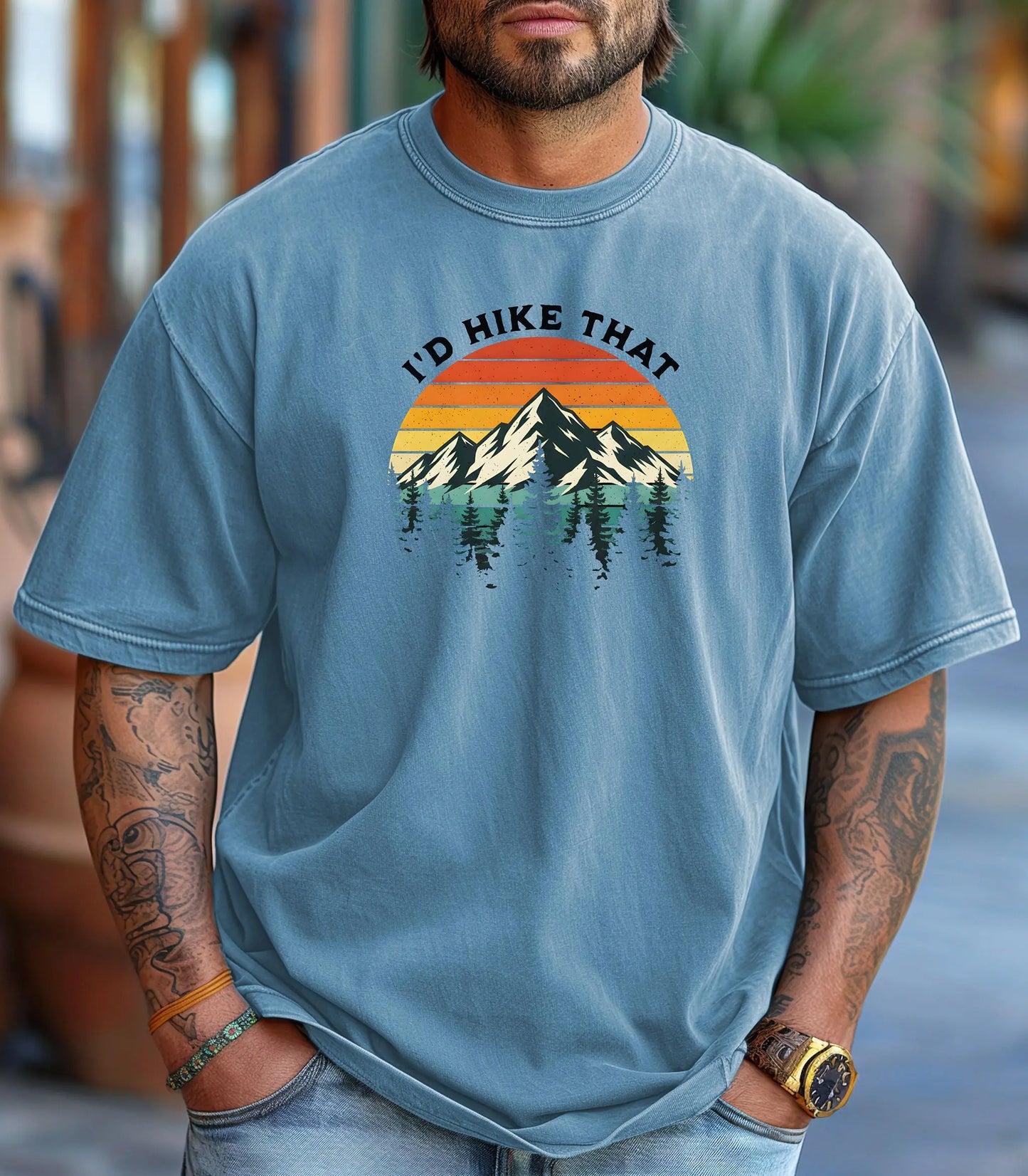 I’d Hike That Wilderness T-Shirt, Retro Mountain Sunset Hiking Tee Printify