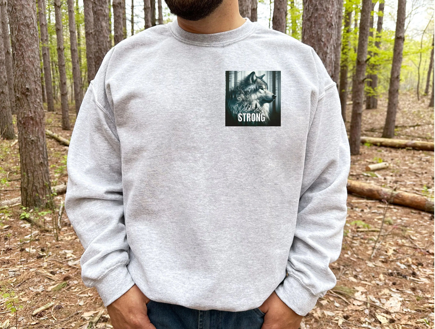Wilderness Strong Wolf Sweatshirt, Nature Spirit Pullover Printify