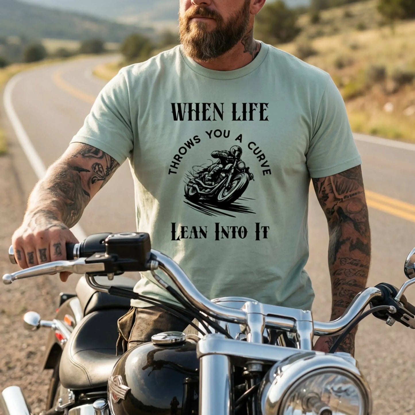When Life Throws You A Curve Tee, Lean Into It Motorcycle T-Shirt, Biker Tee Wildwood Mountain Coffee Co